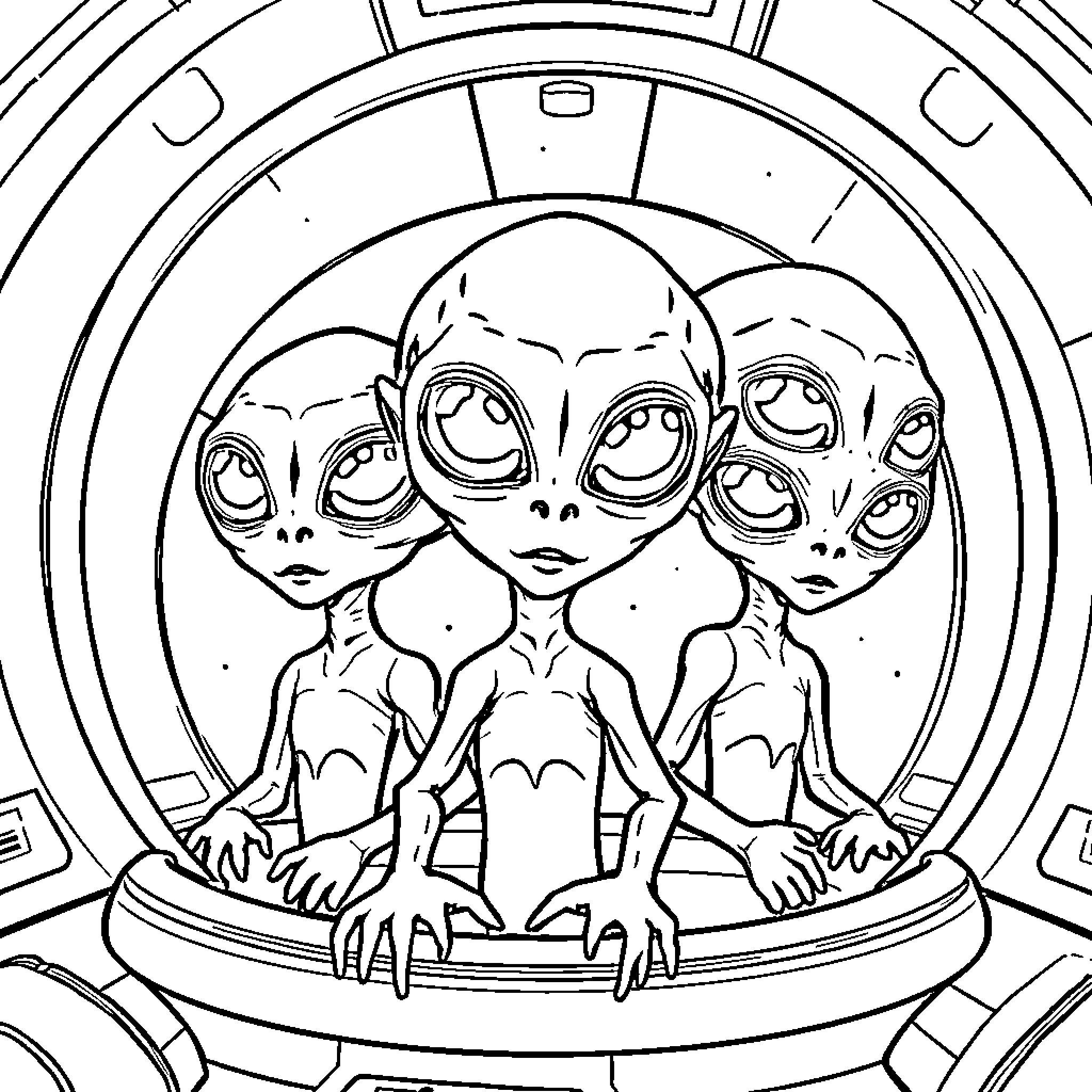 Alien Creatures Observing from a Spacecraft Coloring Page (free black-and-white line drawing printable PDF for all, from beginners to advanced learners, including children, teens, adults, and seniors)