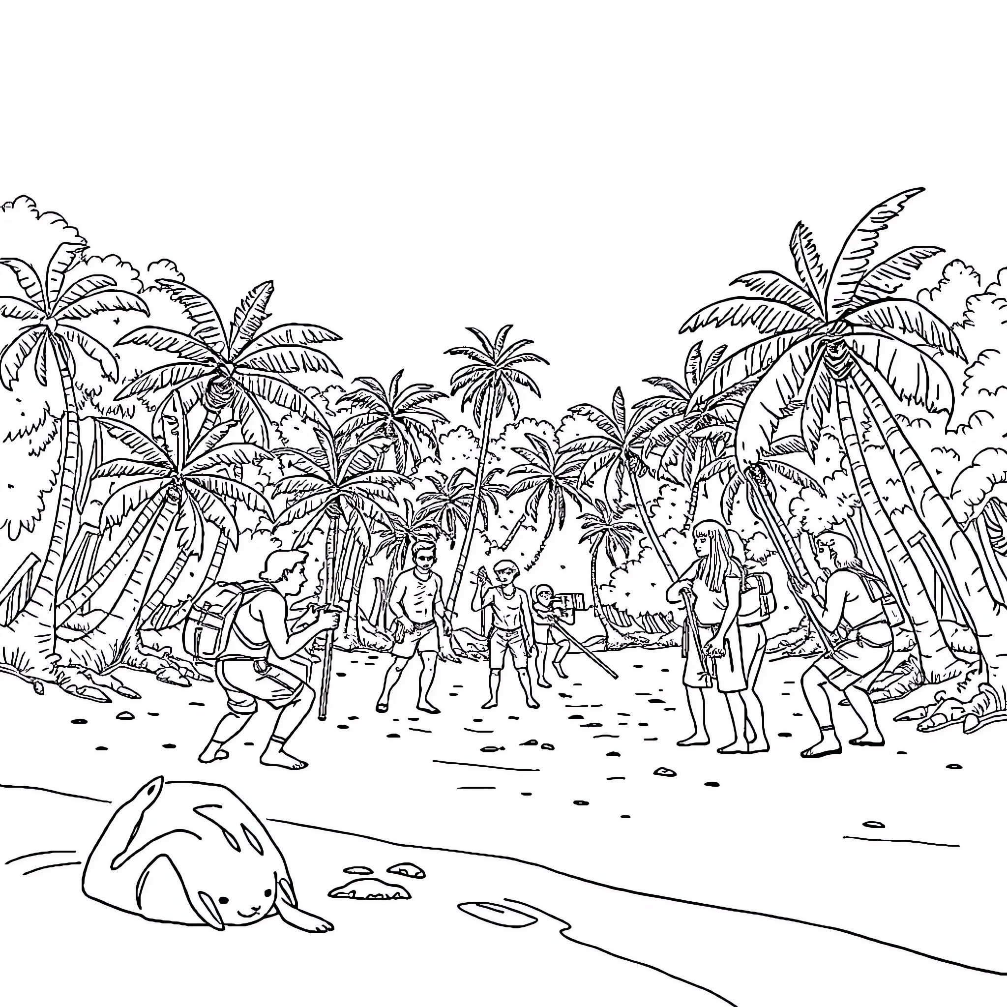 Survivor Tribe Gathering on Tropical Beach Coloring Page (free black-and-white line drawing printable PDF for all, from beginners to advanced learners, including children, teens, adults, and seniors)