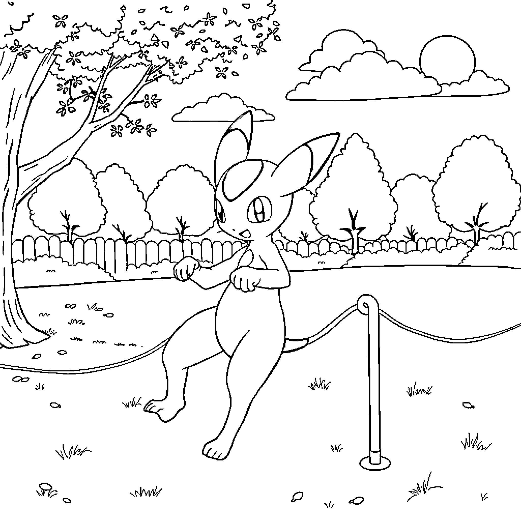 Mewtwo exploring the peaceful countryside landscape Coloring Page (free black-and-white line drawing printable PDF for all, from beginners to advanced learners, including children, teens, adults, and seniors)