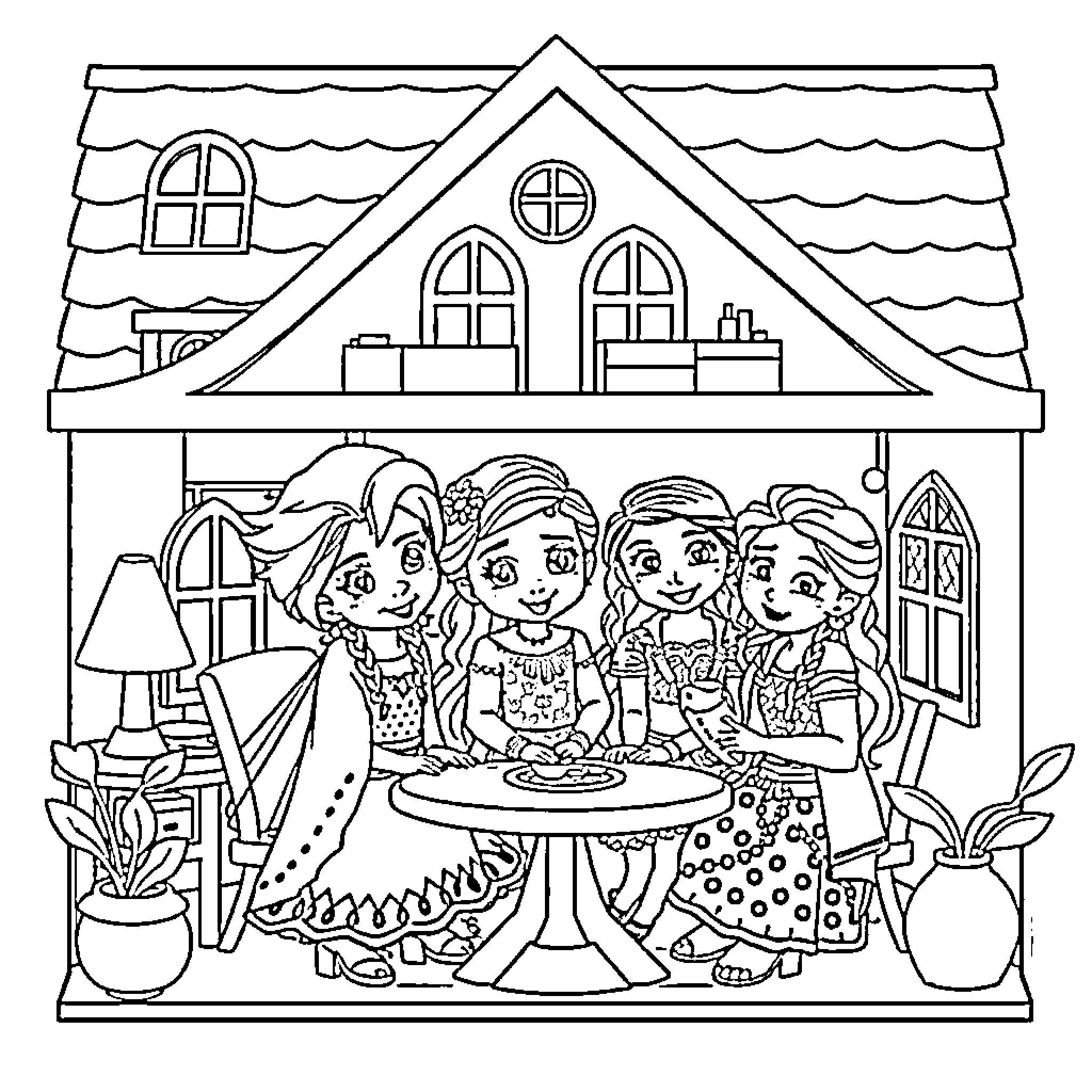 Dollhouse with children playing and having a party Coloring Page (free black-and-white line drawing printable PDF for all, from beginners to advanced learners, including children, teens, adults, and seniors)