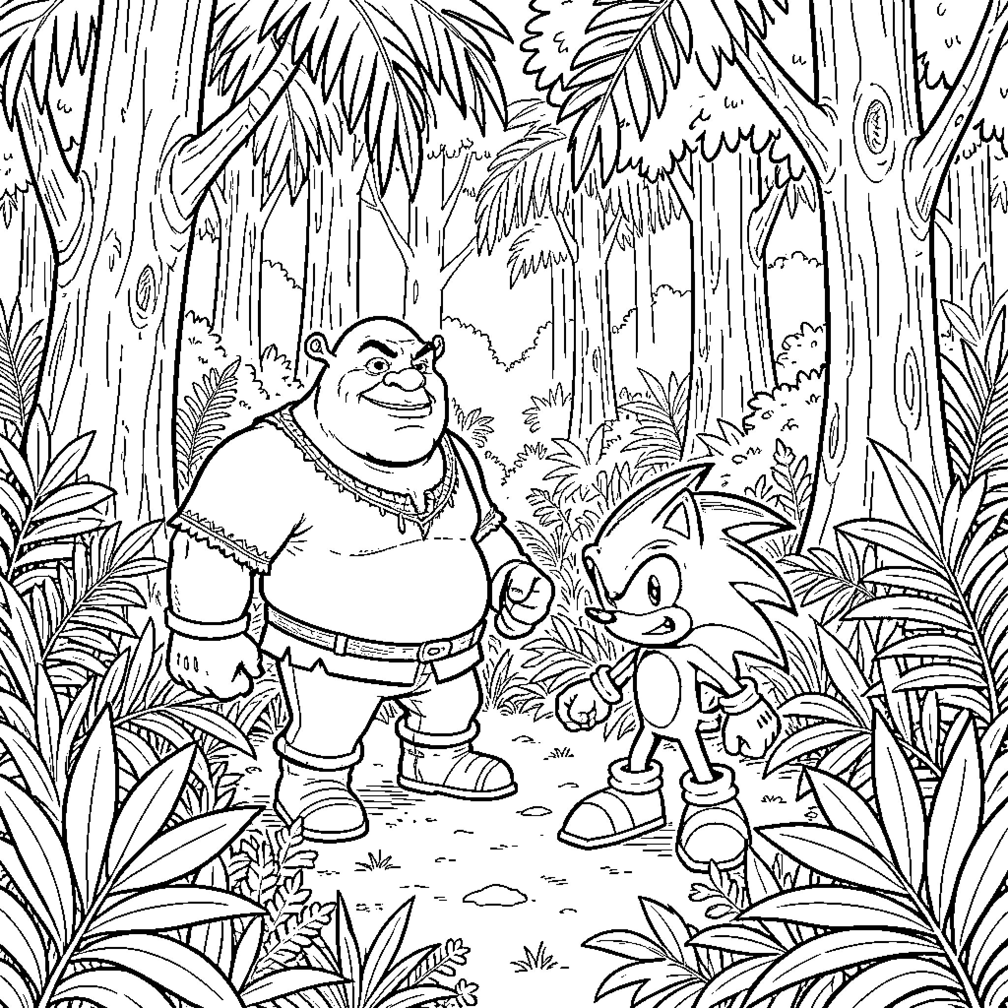 Shrek looking at Sonic the Hedgehog in a jungle Coloring Page (free black-and-white line drawing printable PDF for all, from beginners to advanced learners, including children, teens, adults, and seniors)