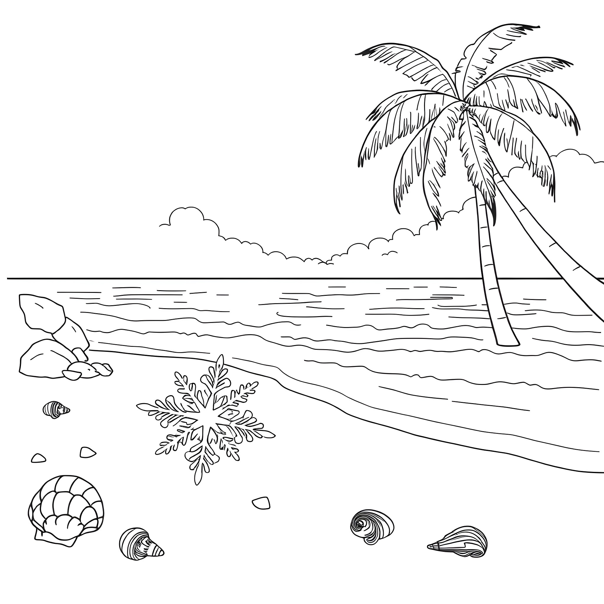 Snowflake beach scene with palm tree Coloring Page (free black-and-white line drawing printable PDF for all, from beginners to advanced learners, including children, teens, adults, and seniors)
