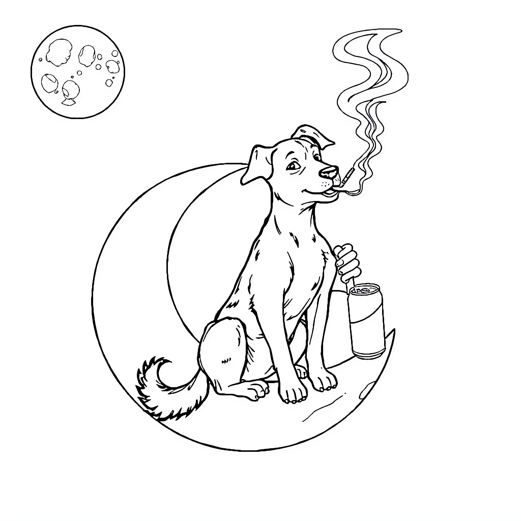 Dog sitting with steaming coffee mug under the moon Coloring Page (free black-and-white line drawing printable PDF for all, from beginners to advanced learners, including children, teens, adults, and seniors)
