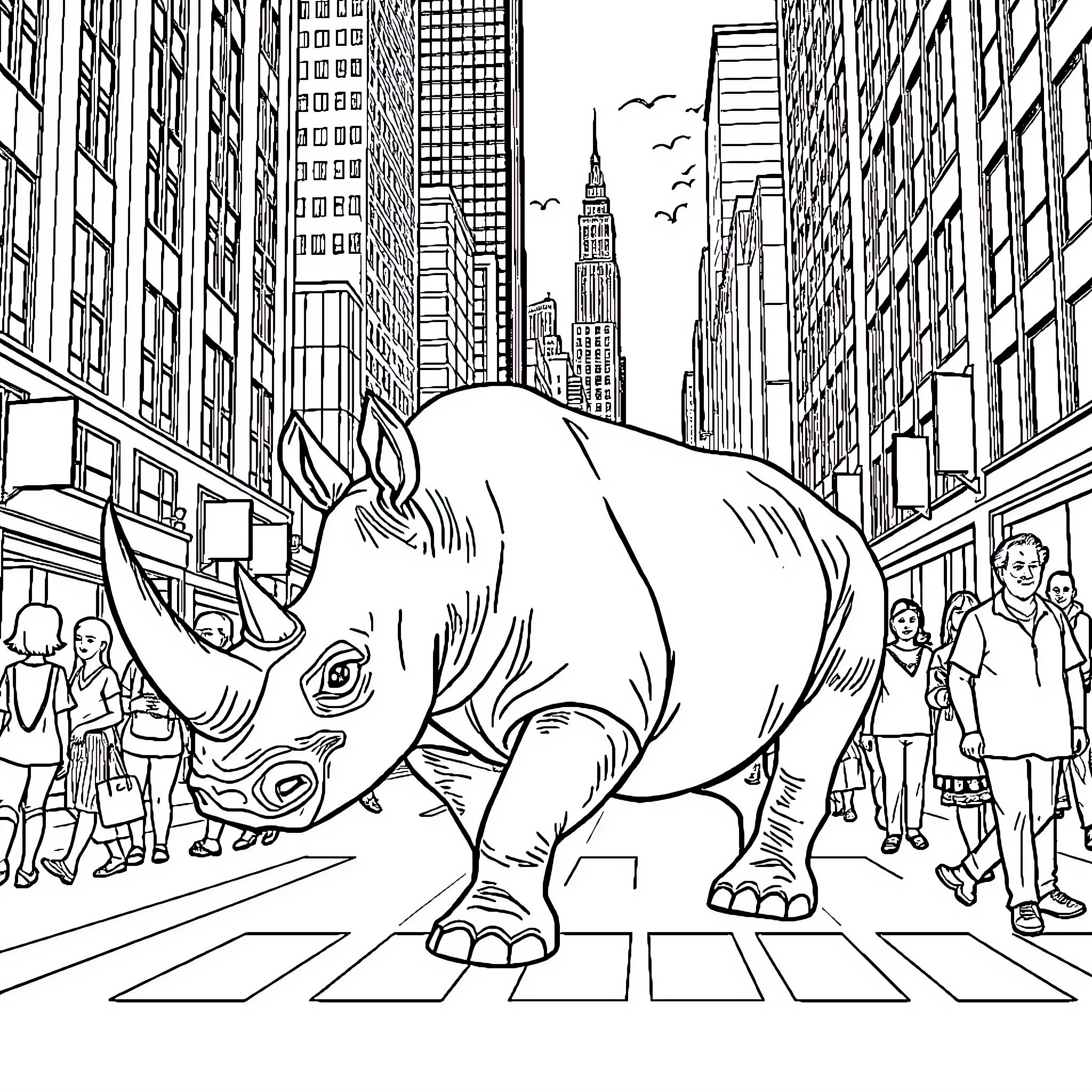 Rhino Exploring the City Streets Coloring Page (free black-and-white line drawing printable PDF for all, from beginners to advanced learners, including children, teens, adults, and seniors)