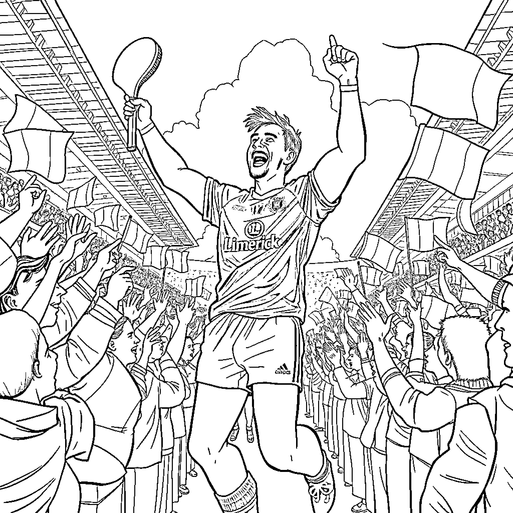 Hurling Player Celebrates Victory with Enthusiastic Fans Coloring Page (free black-and-white line drawing printable PDF for all, from beginners to advanced learners, including children, teens, adults, and seniors)