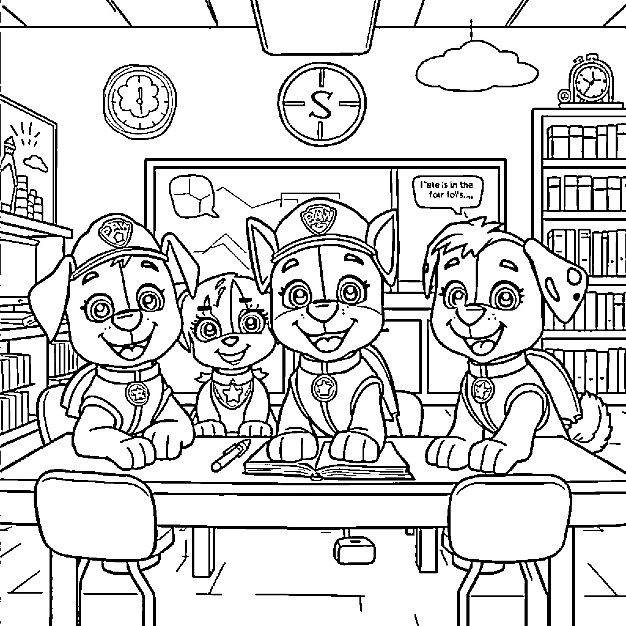 Paw Patrol Crew Working Together in the Headquarters Coloring Page (free black-and-white line drawing printable PDF for all, from beginners to advanced learners, including children, teens, adults, and seniors)