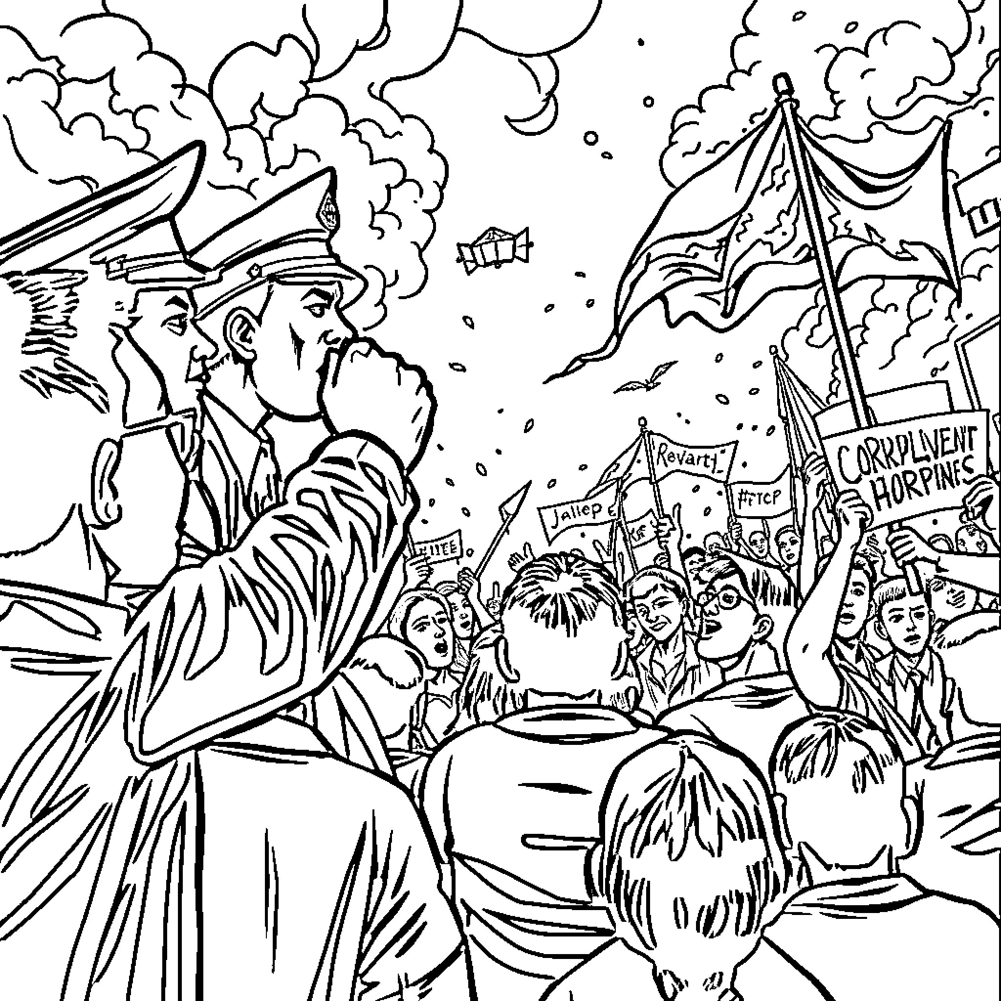 Corruption in the Chaos of Political Protest Coloring Page (free black-and-white line drawing printable PDF for all, from beginners to advanced learners, including children, teens, adults, and seniors)