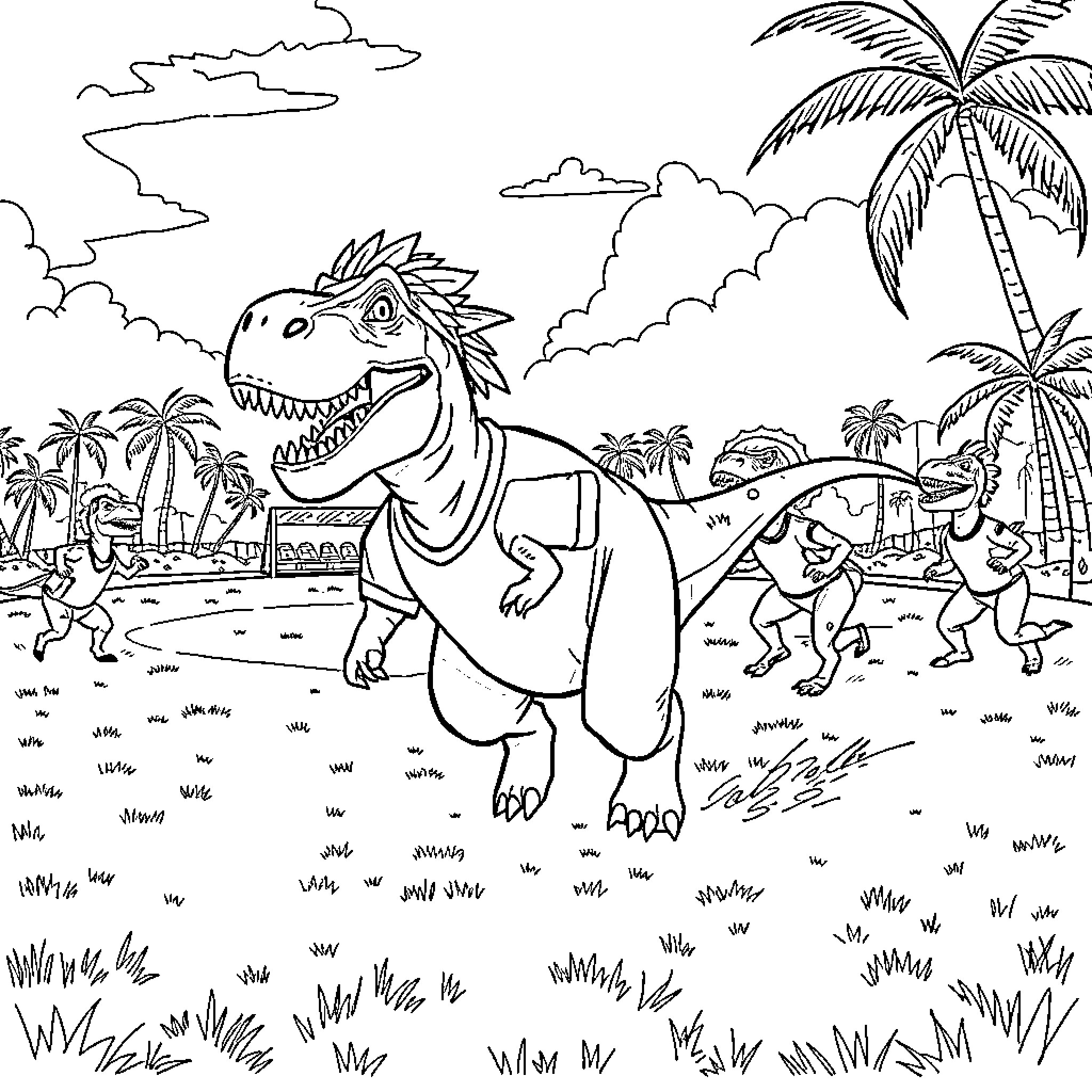 Tyrannosaurus roaming the prehistoric island Coloring Page (free black-and-white line drawing printable PDF for all, from beginners to advanced learners, including children, teens, adults, and seniors)