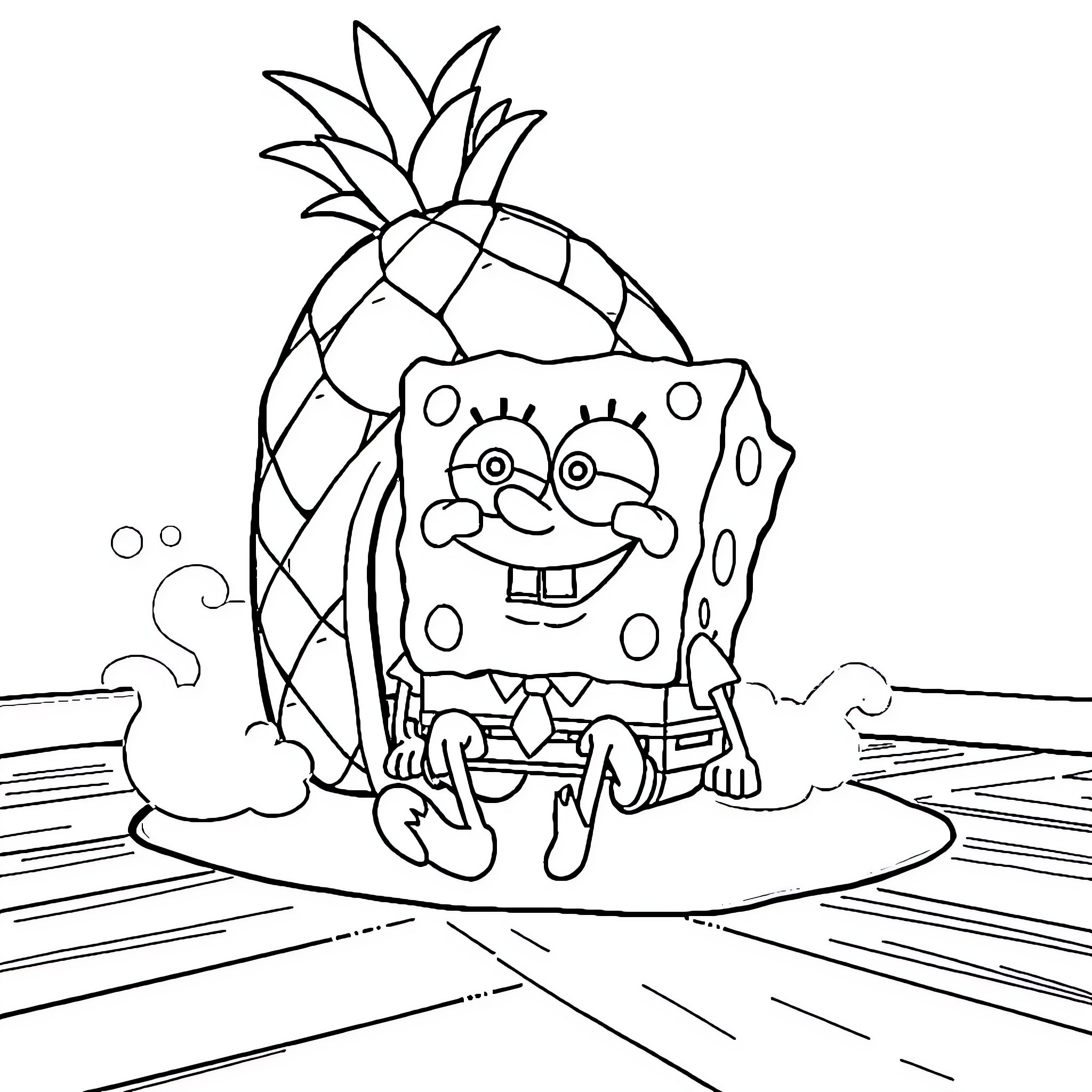 Spongebob sitting happily in his pineapple home Coloring Page (free black-and-white line drawing printable PDF for all, from beginners to advanced learners, including children, teens, adults, and seniors)