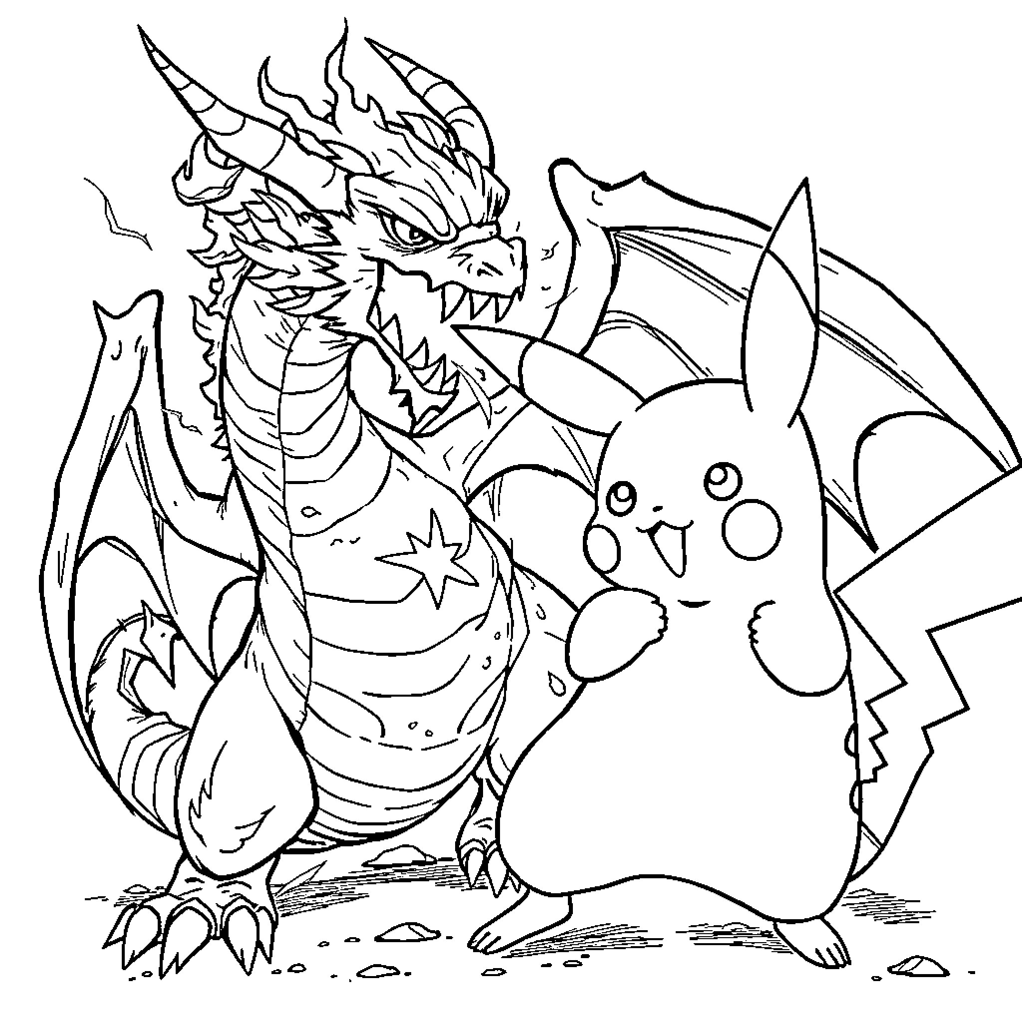 Pikachu confronting a fierce dragon Coloring Page (free black-and-white line drawing printable PDF for all, from beginners to advanced learners, including children, teens, adults, and seniors)