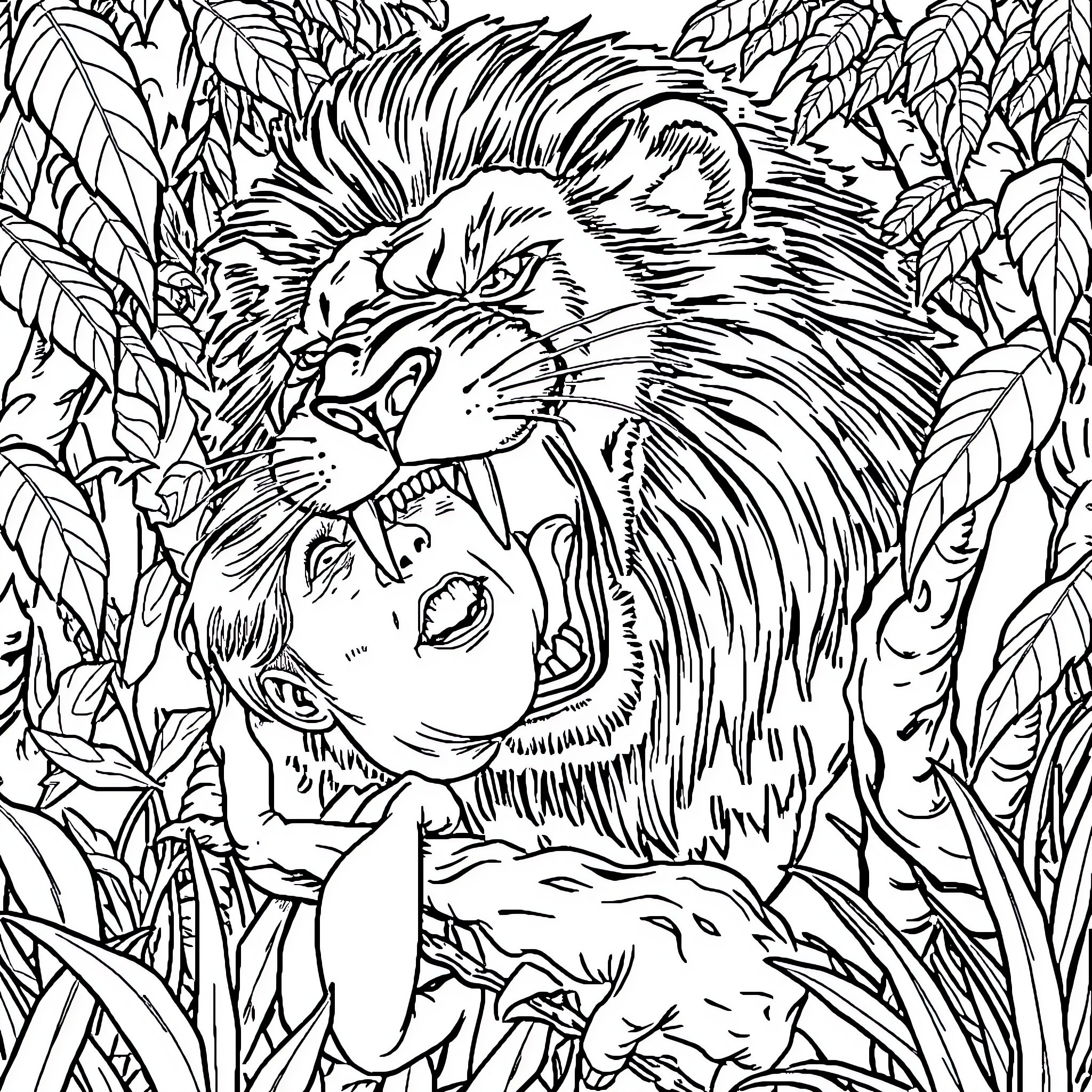 Lion roaring fiercely in the wild jungle Coloring Page (free black-and-white line drawing printable PDF for all, from beginners to advanced learners, including children, teens, adults, and seniors)