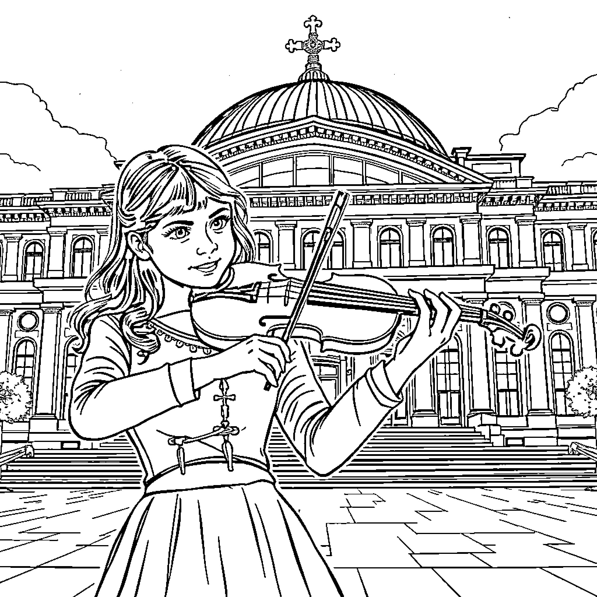 Violin player performing in front of ornate building Coloring Page (free black-and-white line drawing printable PDF for all, from beginners to advanced learners, including children, teens, adults, and seniors)