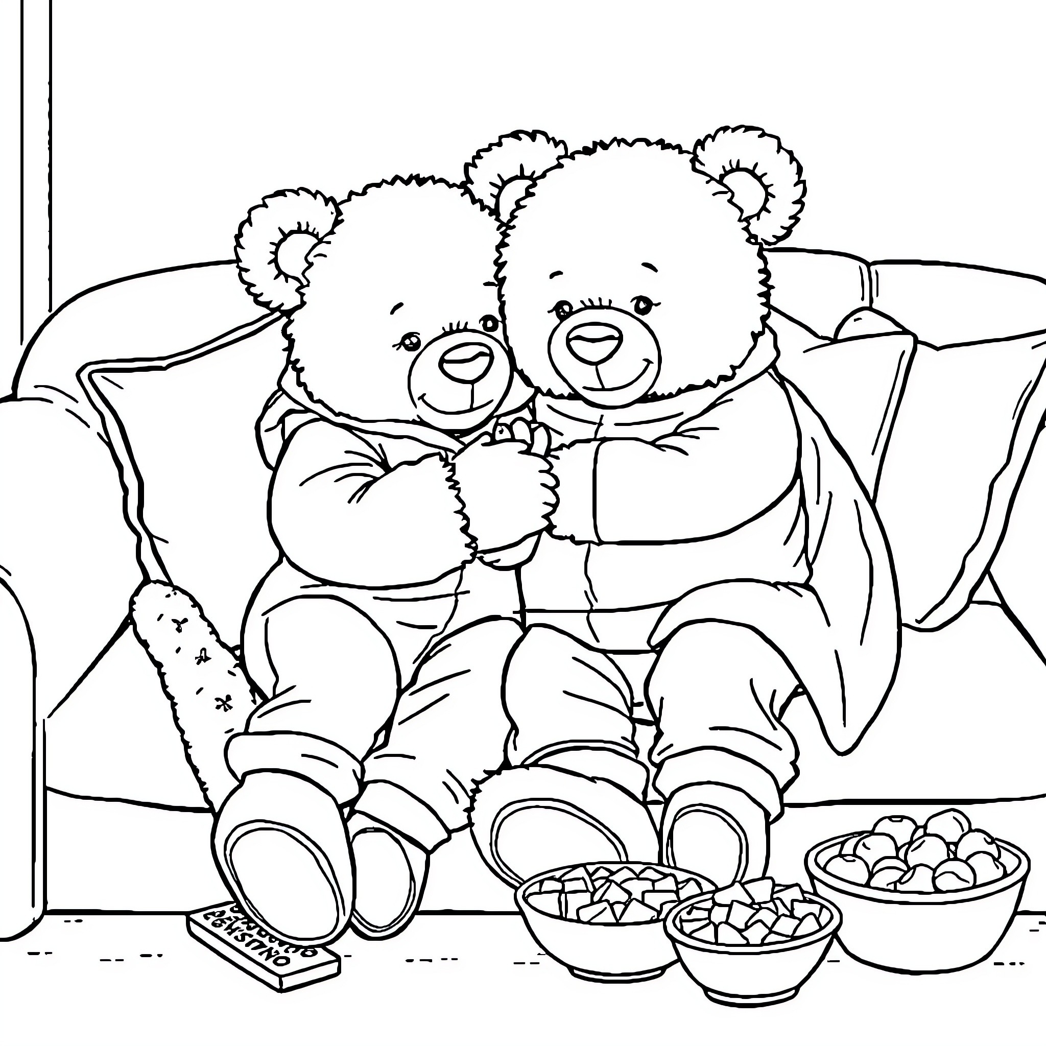 Teddy Bears Enjoying Snacks on the Couch Coloring Page (free black-and-white line drawing printable PDF for all, from beginners to advanced learners, including children, teens, adults, and seniors)