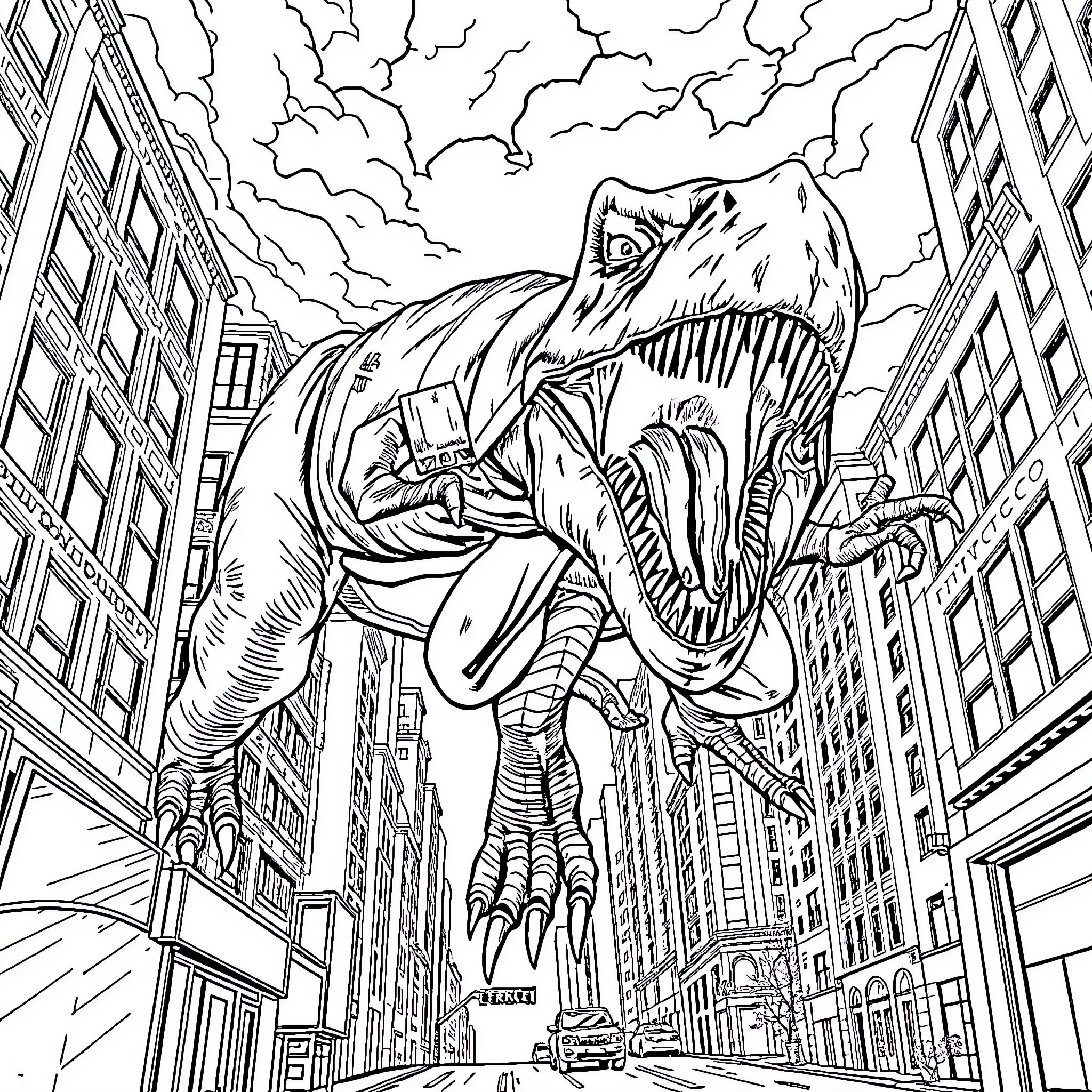 Spiderman battles colossal dinosaur in urban metropolis Coloring Page (free black-and-white line drawing printable PDF for all, from beginners to advanced learners, including children, teens, adults, and seniors)