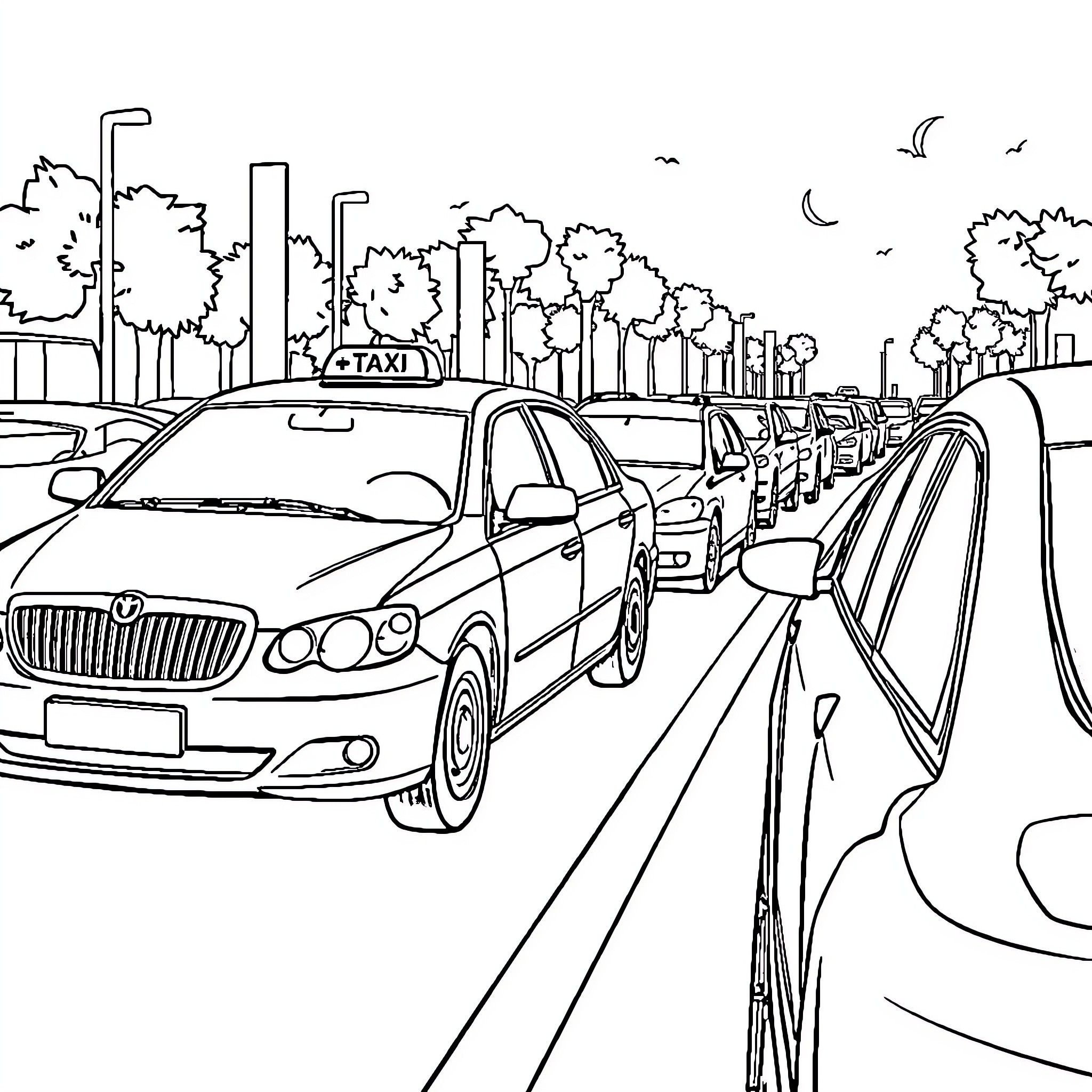 Taxi Cabs Waiting in Busy City Traffic Coloring Page (free black-and-white line drawing printable PDF for all, from beginners to advanced learners, including children, teens, adults, and seniors)