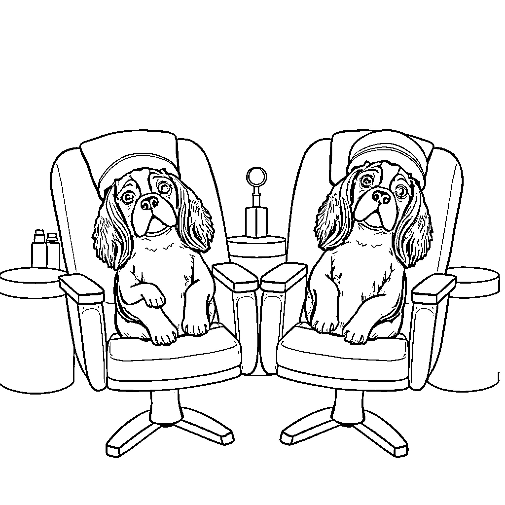 Cavalier King Charles Spaniels relaxing in plush chairs Coloring Page (free black-and-white line drawing printable PDF for all, from beginners to advanced learners, including children, teens, adults, and seniors)