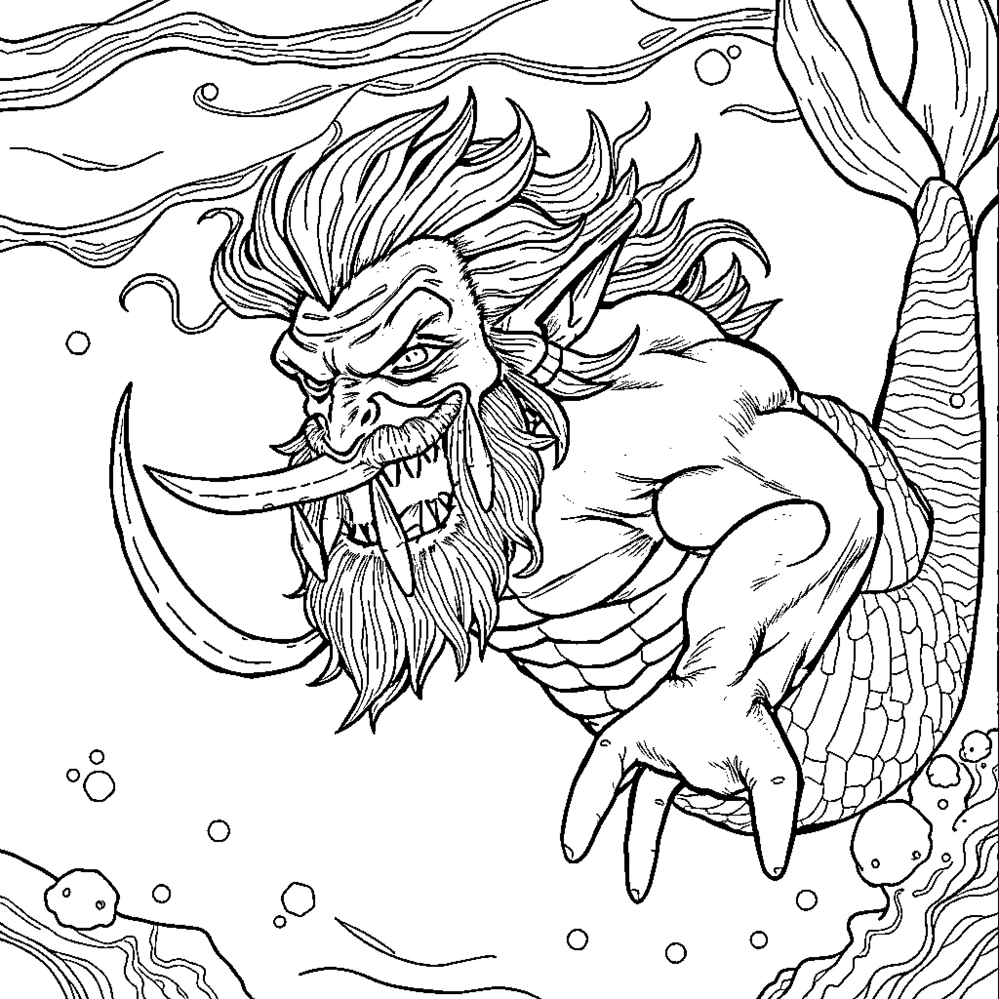 Orc Mermaid Warrior Battling in the Underwater Realm Coloring Page (free black-and-white line drawing printable PDF for all, from beginners to advanced learners, including children, teens, adults, and seniors)