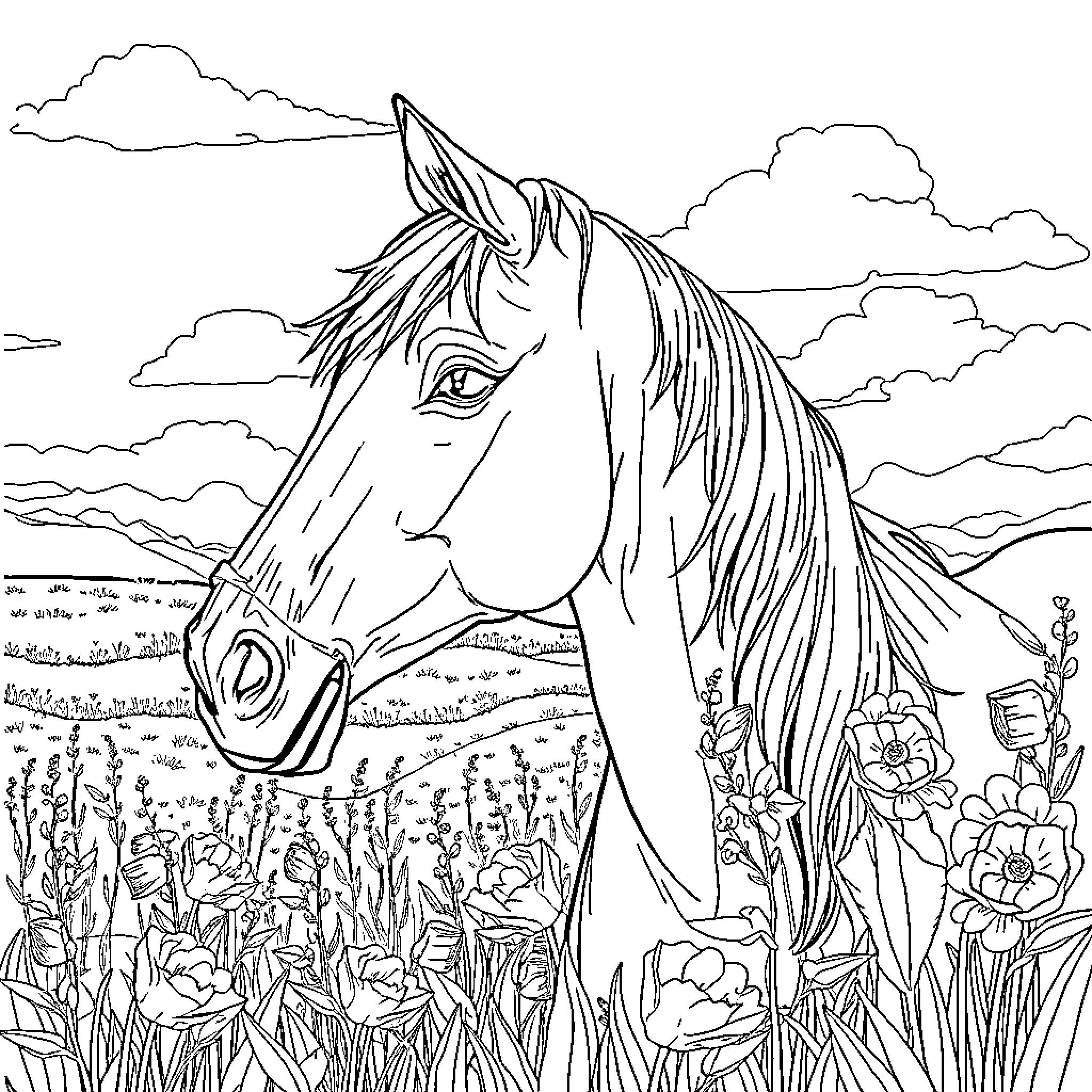 Horse in a Tranquil Meadow Coloring Page (free black-and-white line drawing printable PDF for all, from beginners to advanced learners, including children, teens, adults, and seniors)