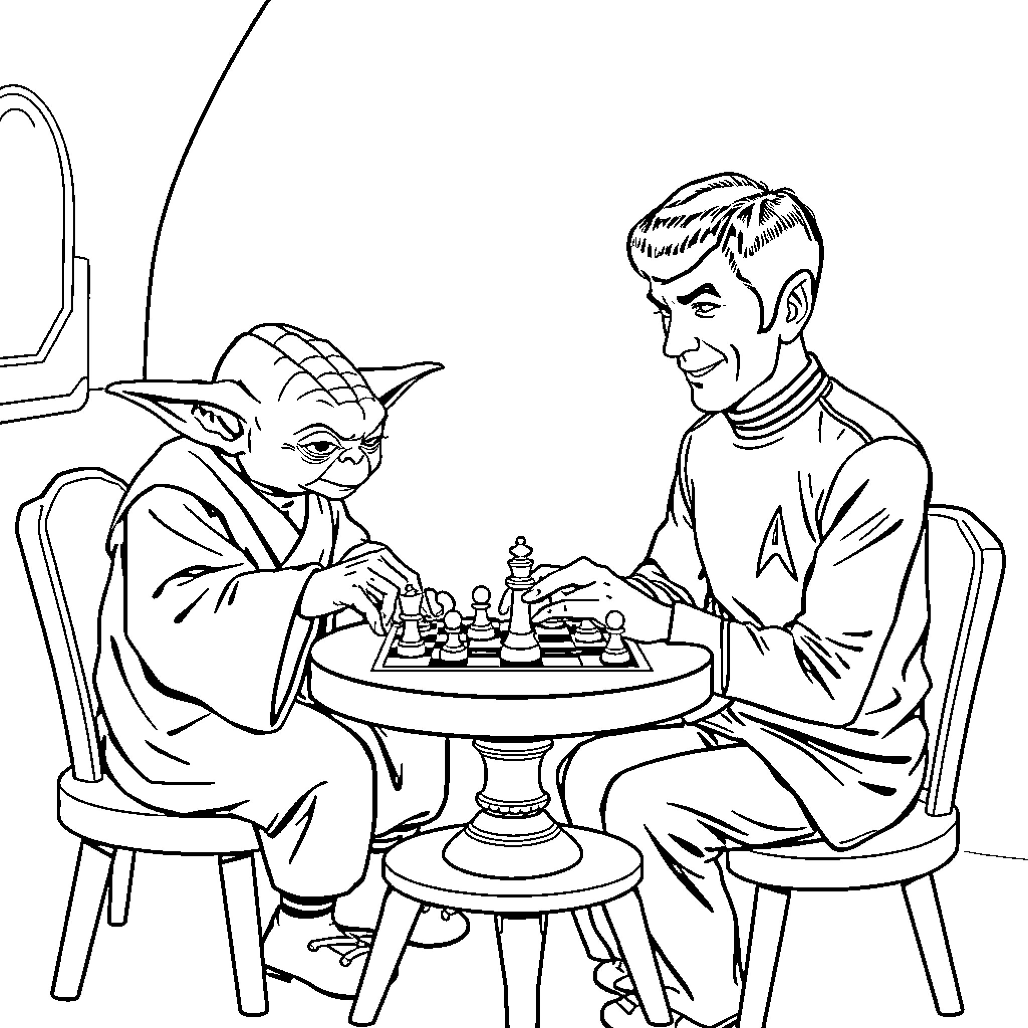 Yoda and human playing chess together Coloring Page (free black-and-white line drawing printable PDF for all, from beginners to advanced learners, including children, teens, adults, and seniors)