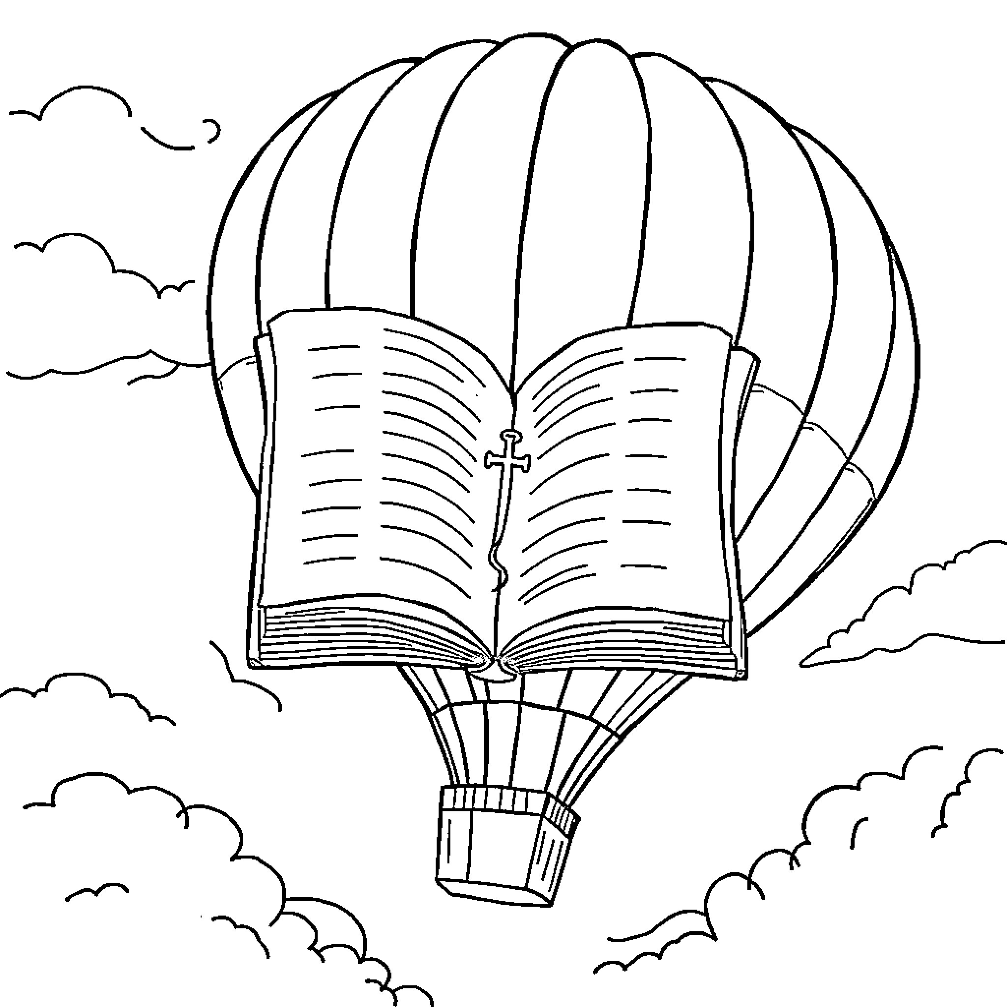 Hot Air Balloon Floating Above the Clouds with Open Book Coloring Page (free black-and-white line drawing printable PDF for all, from beginners to advanced learners, including children, teens, adults, and seniors)
