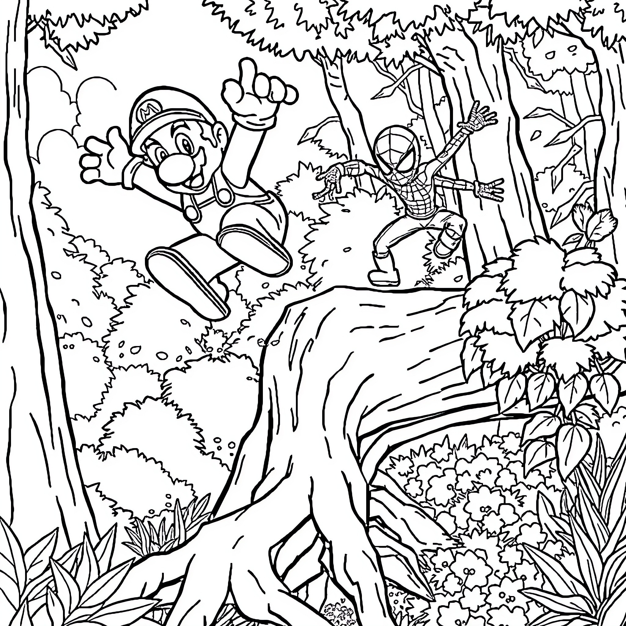 Mario and Spider-Man Adventuring in the Enchanted Forest Coloring Page (free black-and-white line drawing printable PDF for all, from beginners to advanced learners, including children, teens, adults, and seniors)