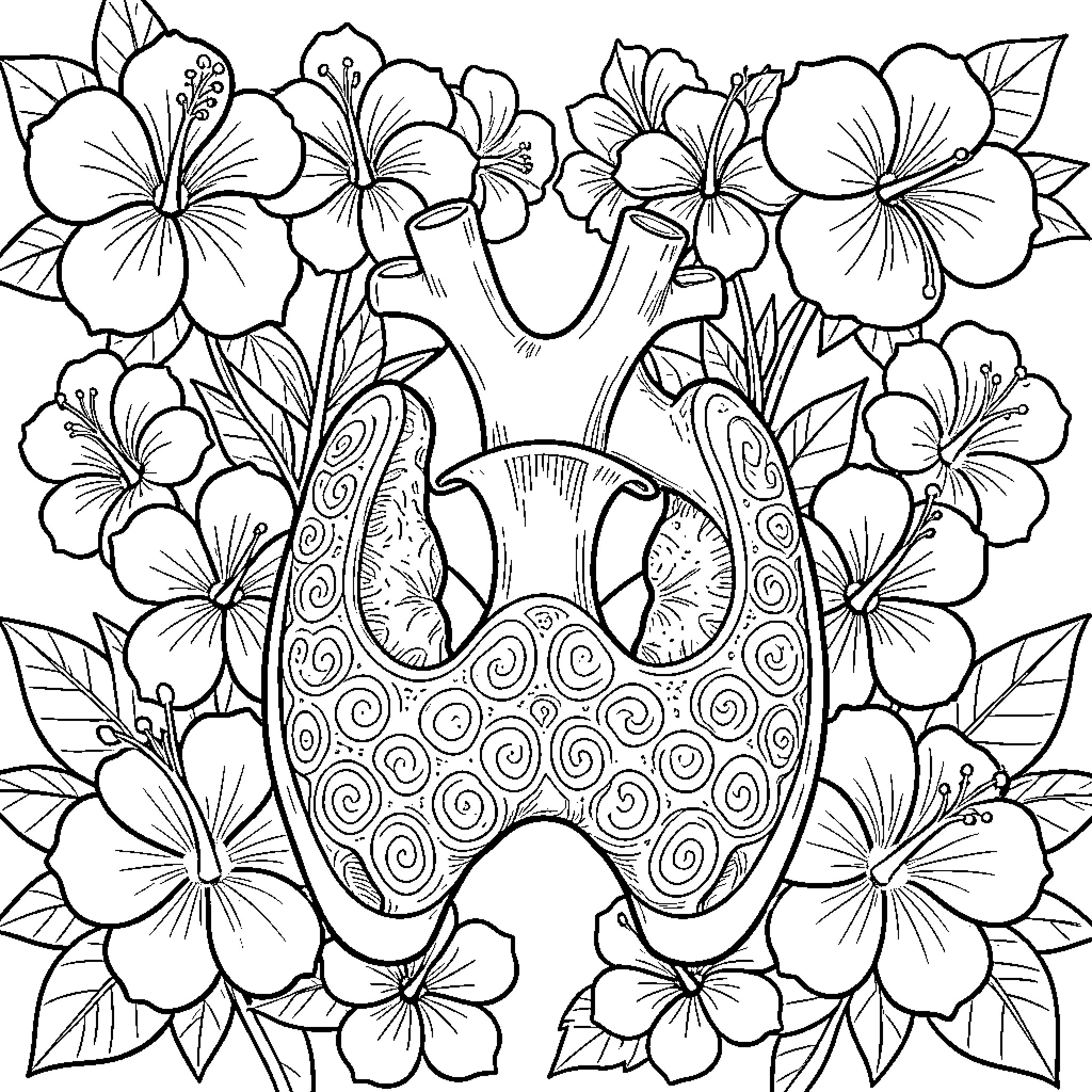 Larynx surrounded by decorative hibiscus flowers Coloring Page (free black-and-white line drawing printable PDF for all, from beginners to advanced learners, including children, teens, adults, and seniors)