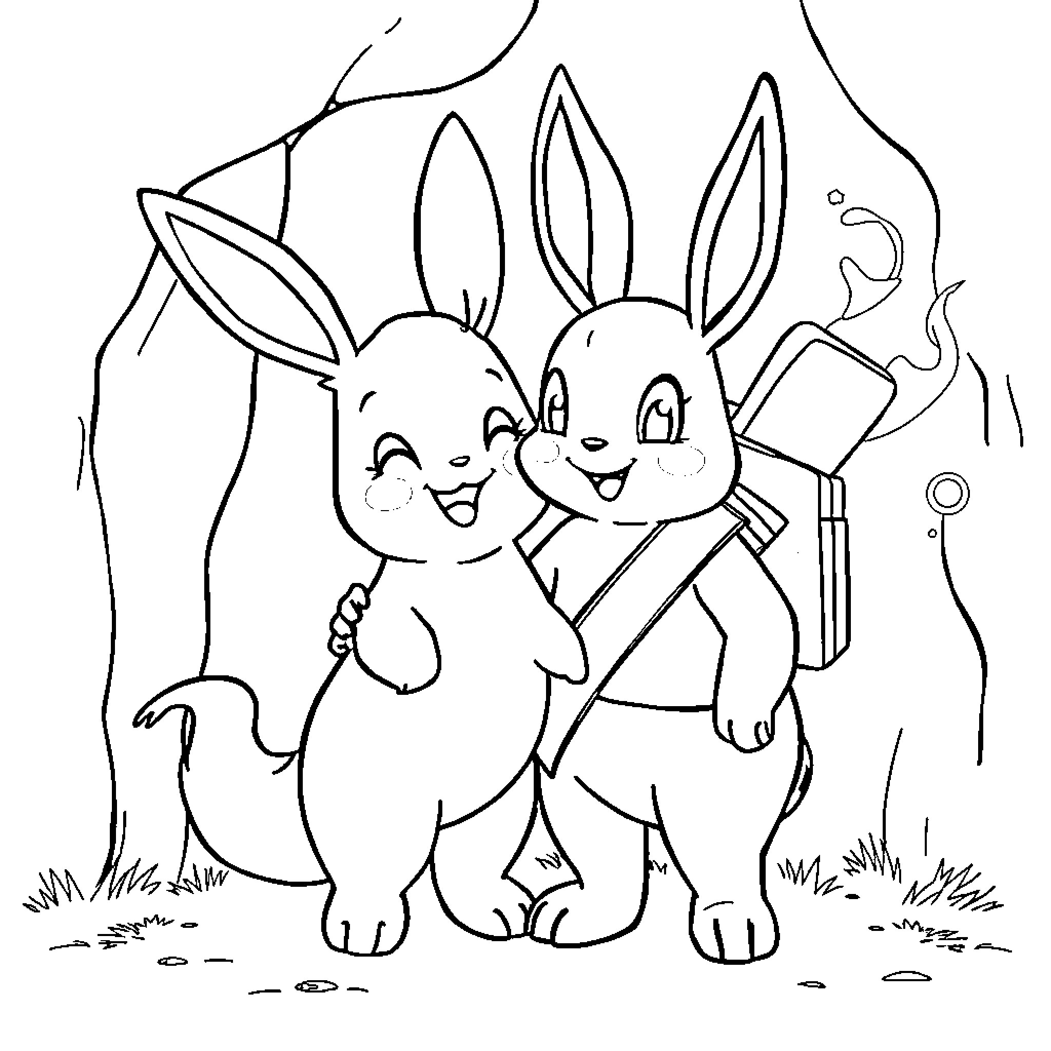 Eevee friends exploring the outdoors happily Coloring Page (free black-and-white line drawing printable PDF for all, from beginners to advanced learners, including children, teens, adults, and seniors)