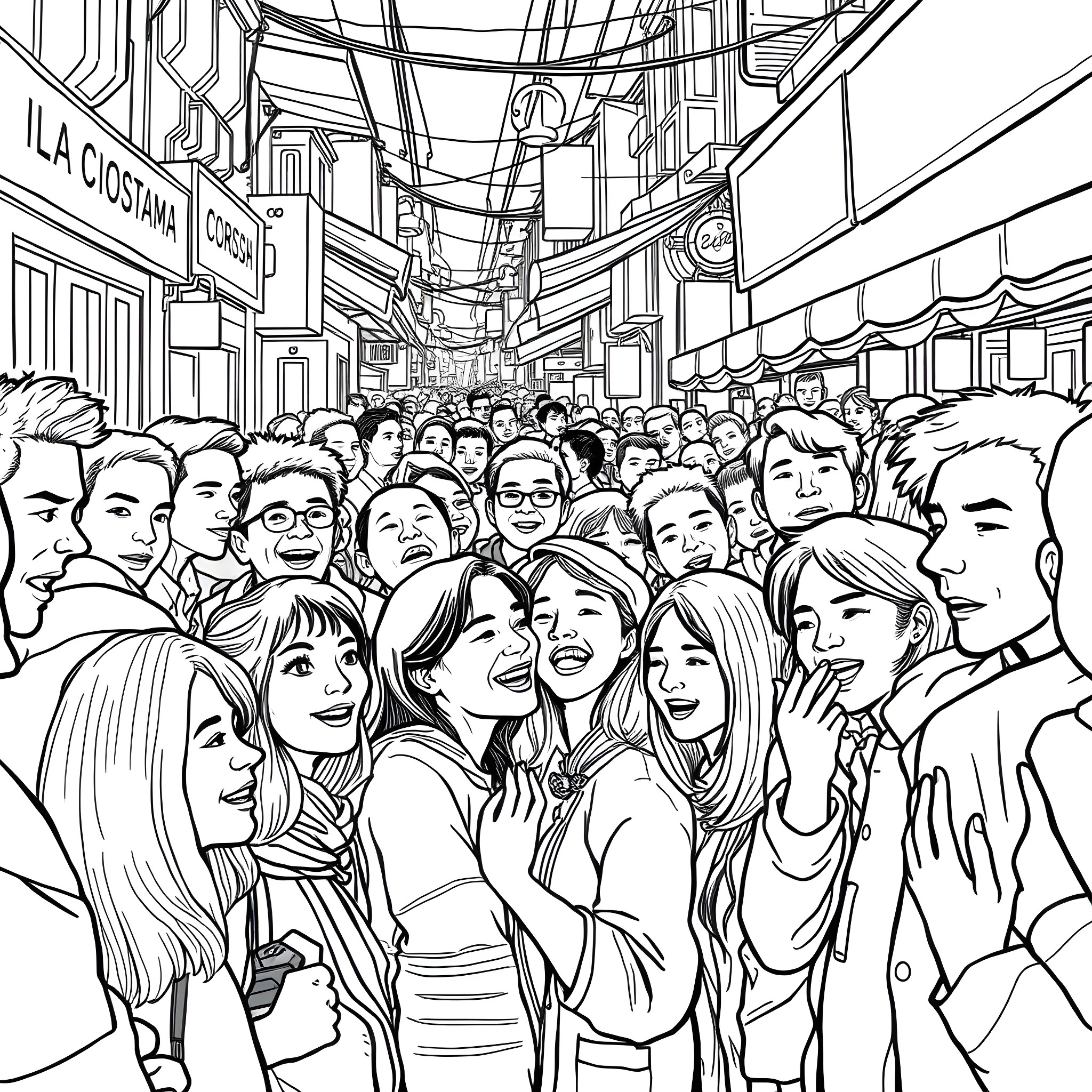 Person in a crowded urban setting Coloring Page (free black-and-white line drawing printable PDF for all, from beginners to advanced learners, including children, teens, adults, and seniors)