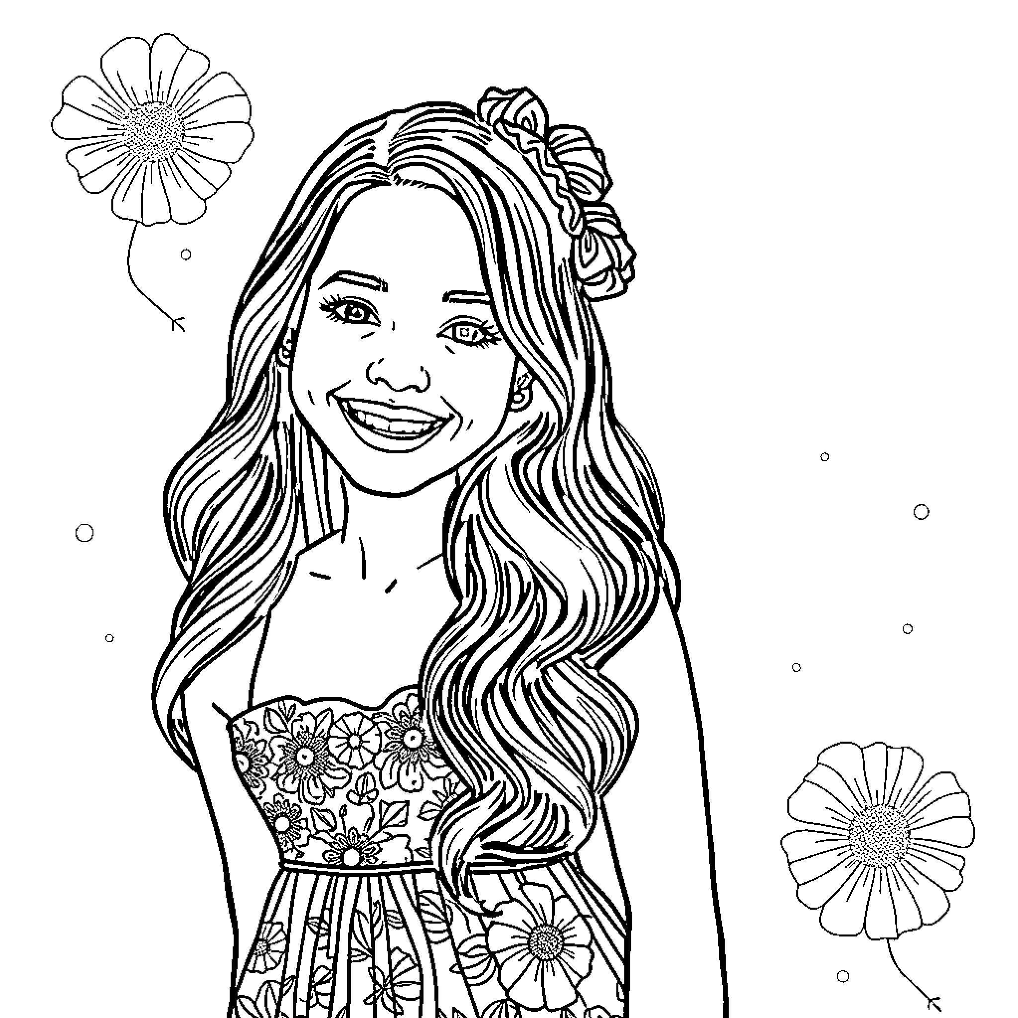 Jenna Ortega in a floral dress with a bright smile Coloring Page (free black-and-white line drawing printable PDF for all, from beginners to advanced learners, including children, teens, adults, and seniors)