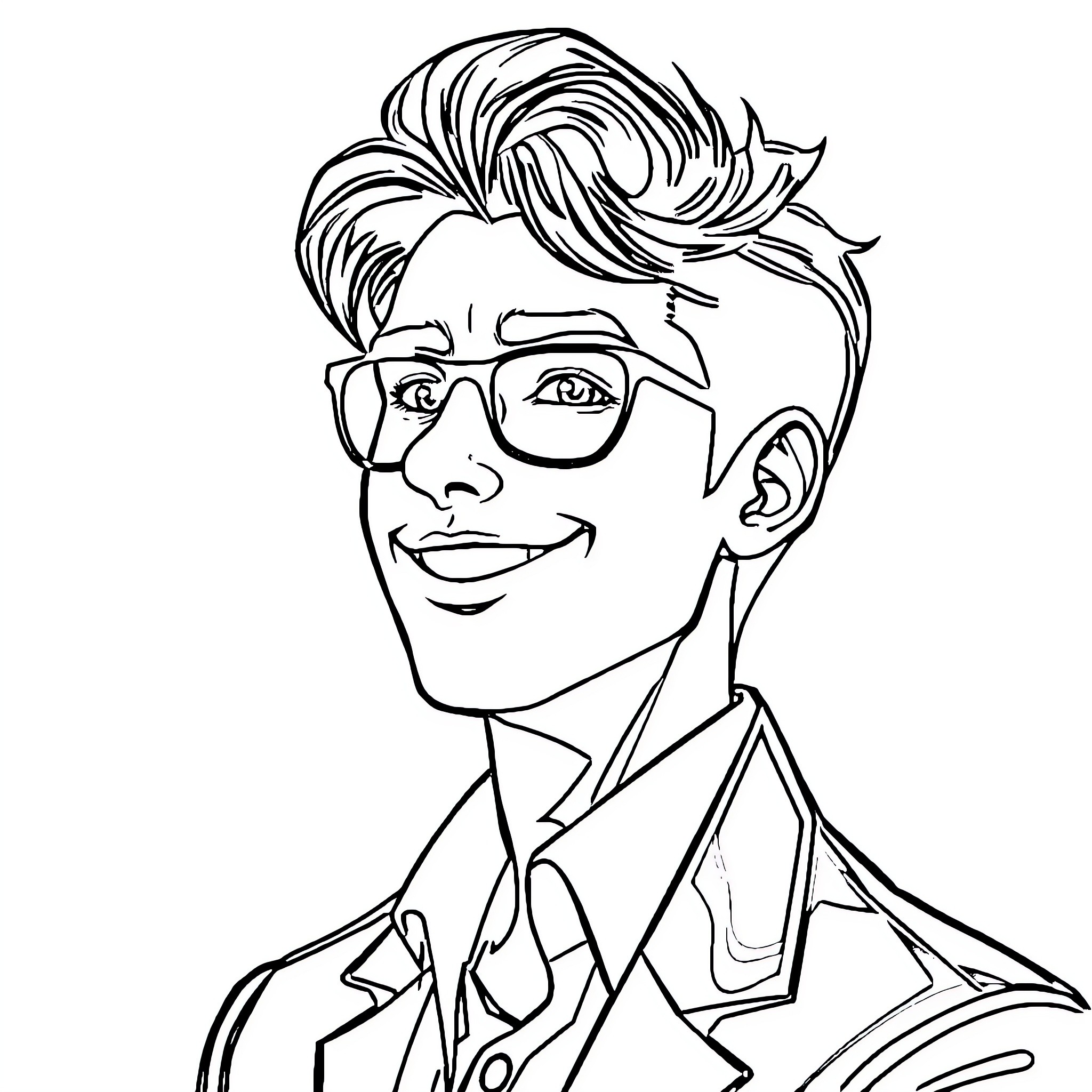 Guy in glasses with stylish hair and expression Coloring Page (free black-and-white line drawing printable PDF for all, from beginners to advanced learners, including children, teens, adults, and seniors)