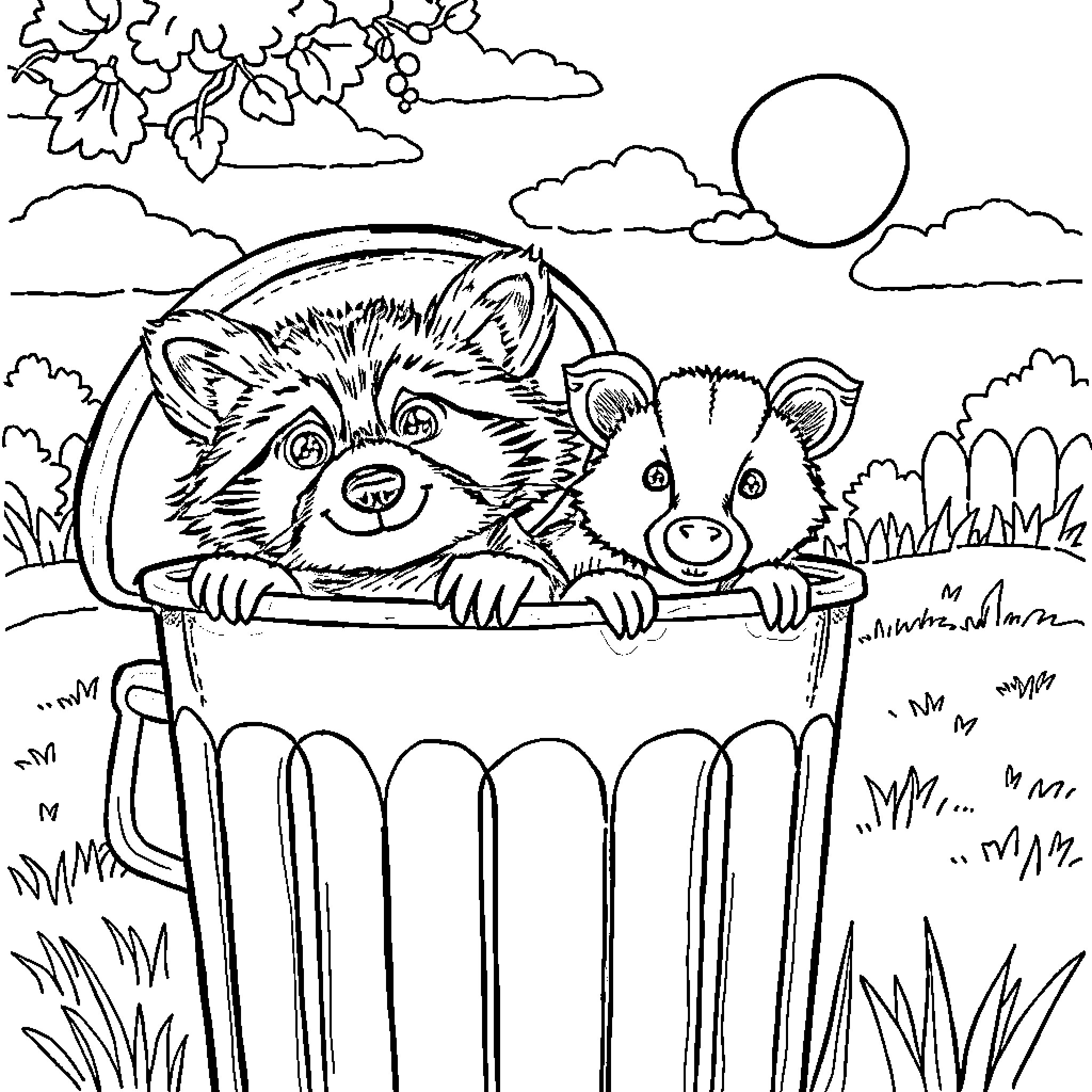 Raccoons peeking out of a trash can in nature Coloring Page (free black-and-white line drawing printable PDF for all, from beginners to advanced learners, including children, teens, adults, and seniors)