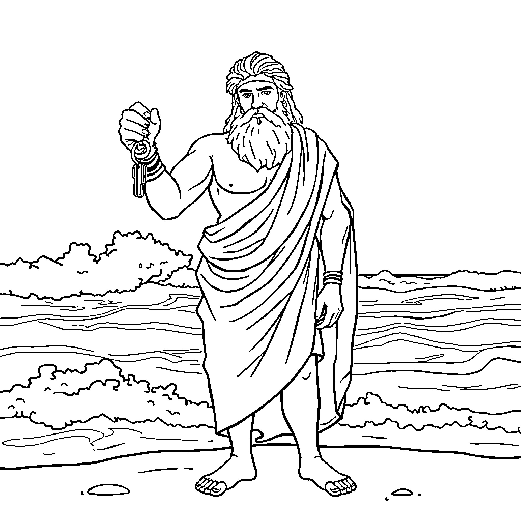 Odysseus Returning Home from Trojan War Coloring Page (free black-and-white line drawing printable PDF for all, from beginners to advanced learners, including children, teens, adults, and seniors)