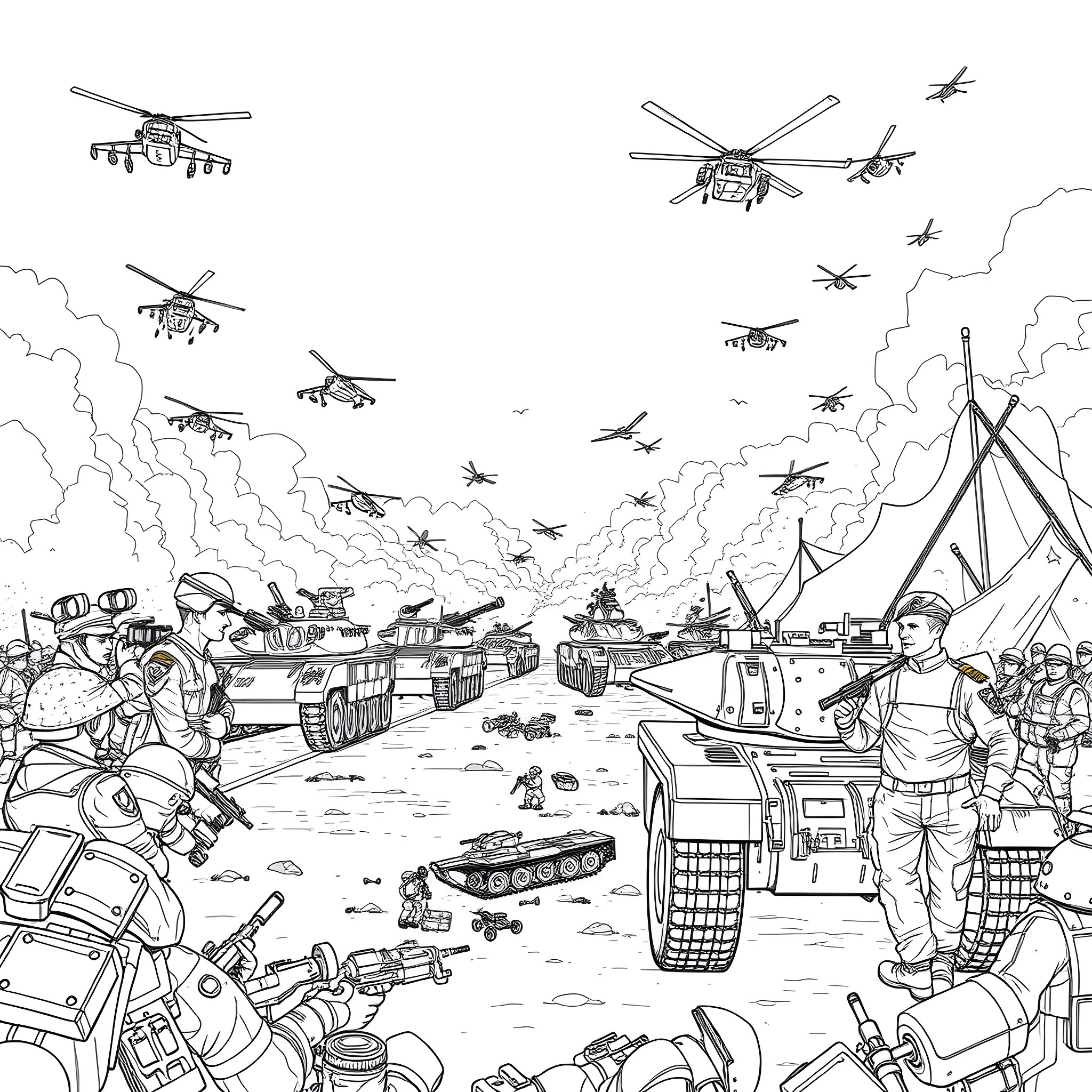 Military forces in action on the battlefield Coloring Page (free black-and-white line drawing printable PDF for all, from beginners to advanced learners, including children, teens, adults, and seniors)