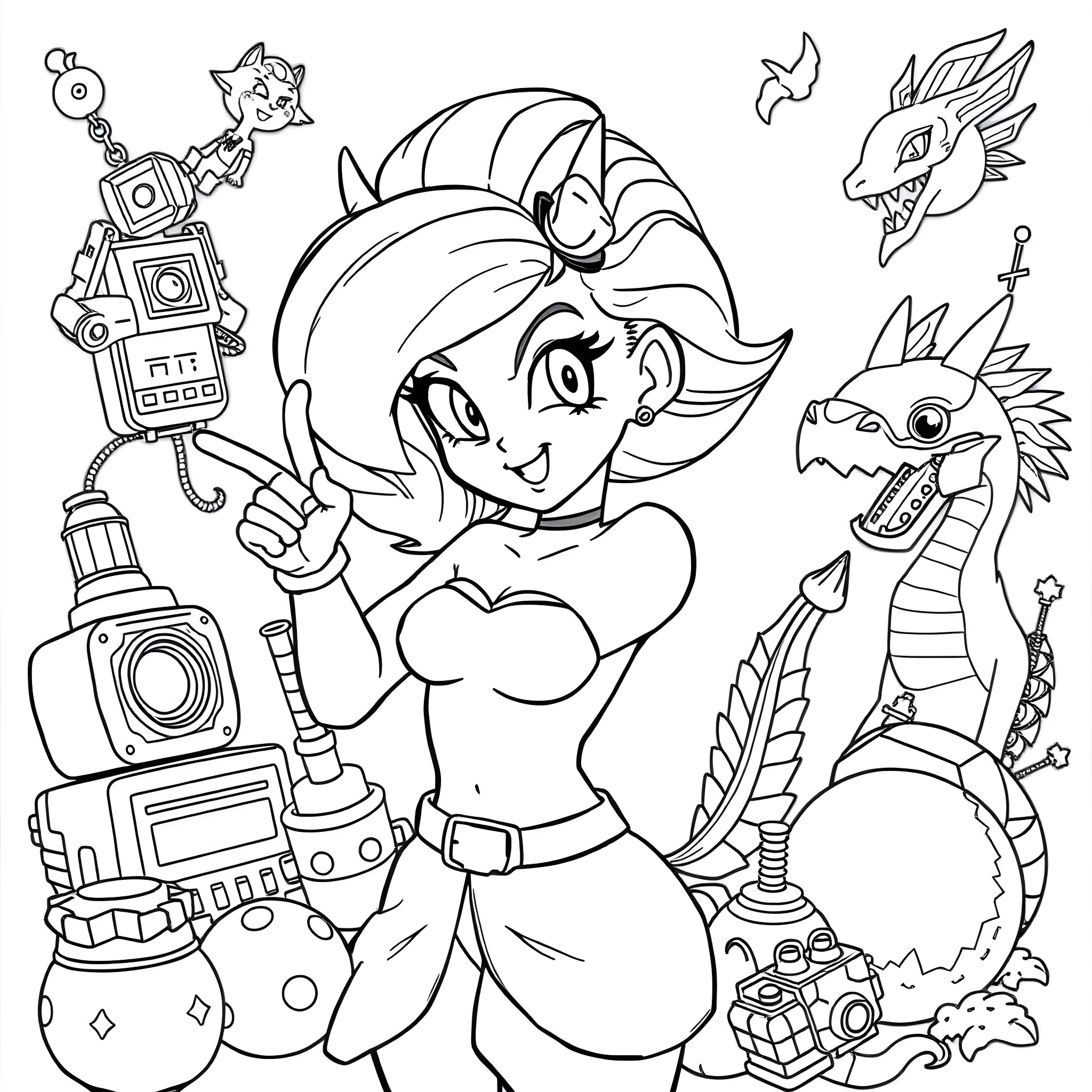 Bulma's Technological Adventure with Fantastical Creatures Coloring Page (free black-and-white line drawing printable PDF for all, from beginners to advanced learners, including children, teens, adults, and seniors)