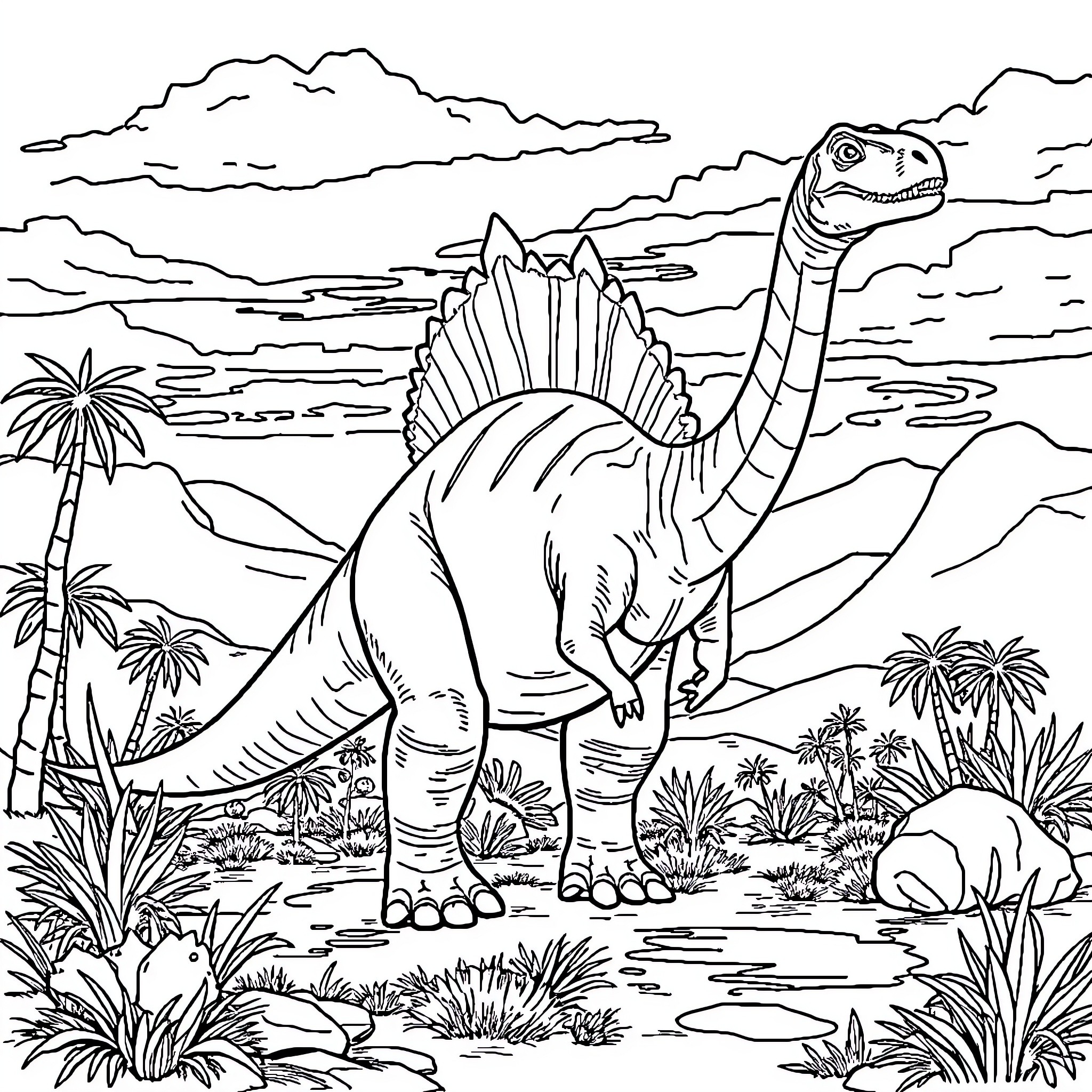 Spinosaurus exploring prehistoric landscape Coloring Page (free black-and-white line drawing printable PDF for all, from beginners to advanced learners, including children, teens, adults, and seniors)