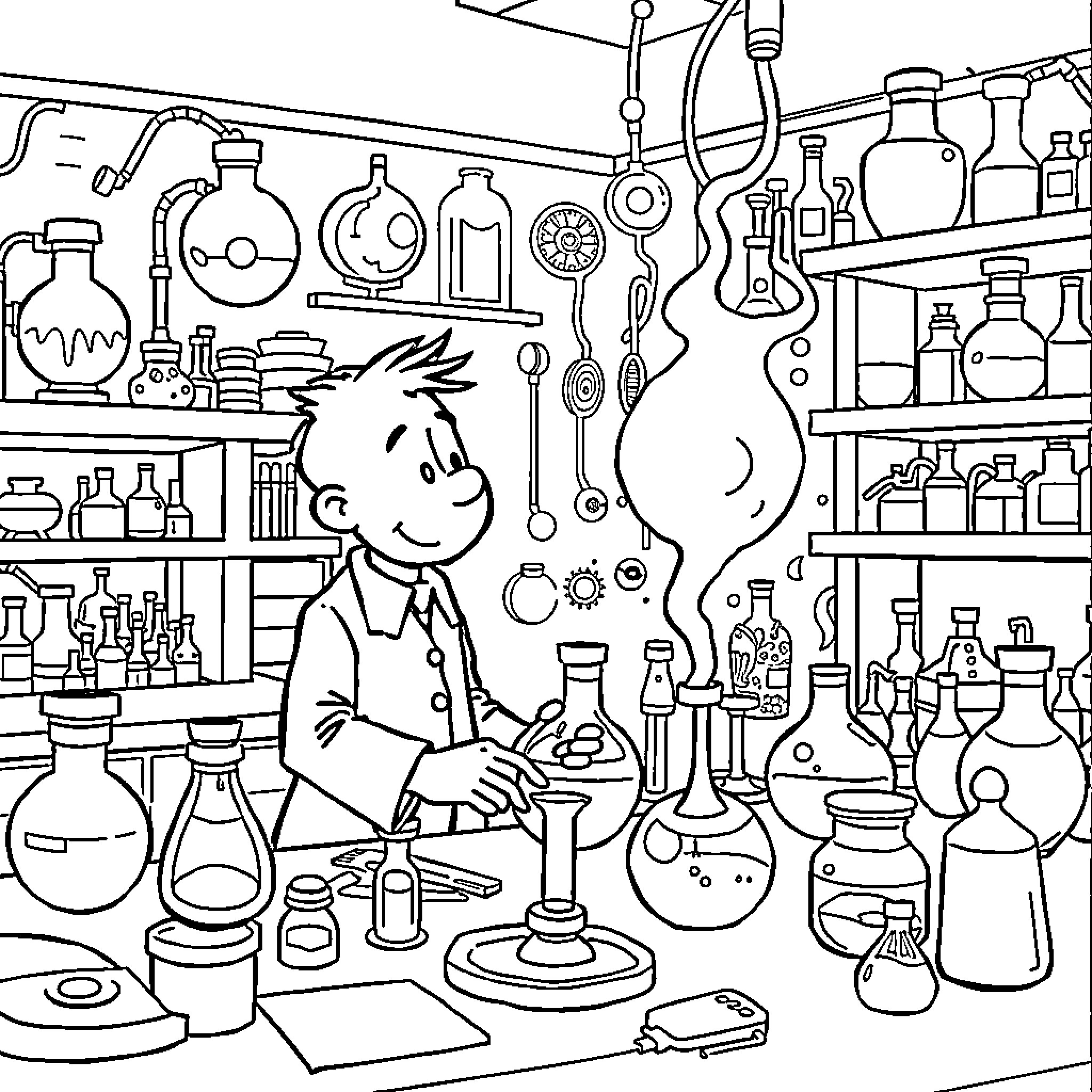 Professeur Tournesol's Whimsical Scientific Laboratory Coloring Page (free black-and-white line drawing printable PDF for all, from beginners to advanced learners, including children, teens, adults, and seniors)
