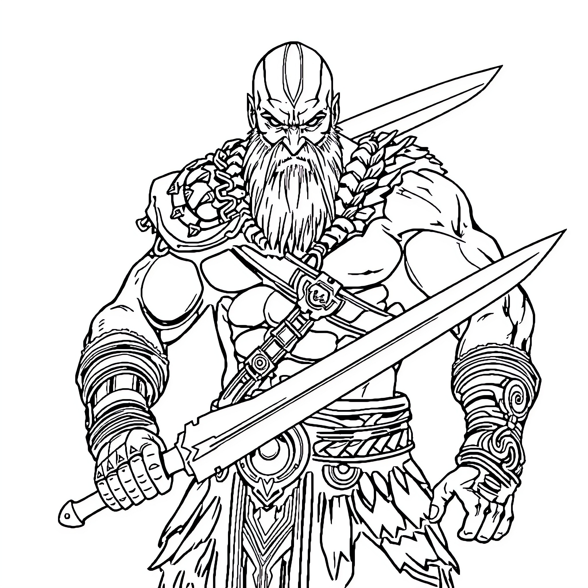 Kratos, the Formidable Warrior Wielding Swords Coloring Page (free black-and-white line drawing printable PDF for all, from beginners to advanced learners, including children, teens, adults, and seniors)