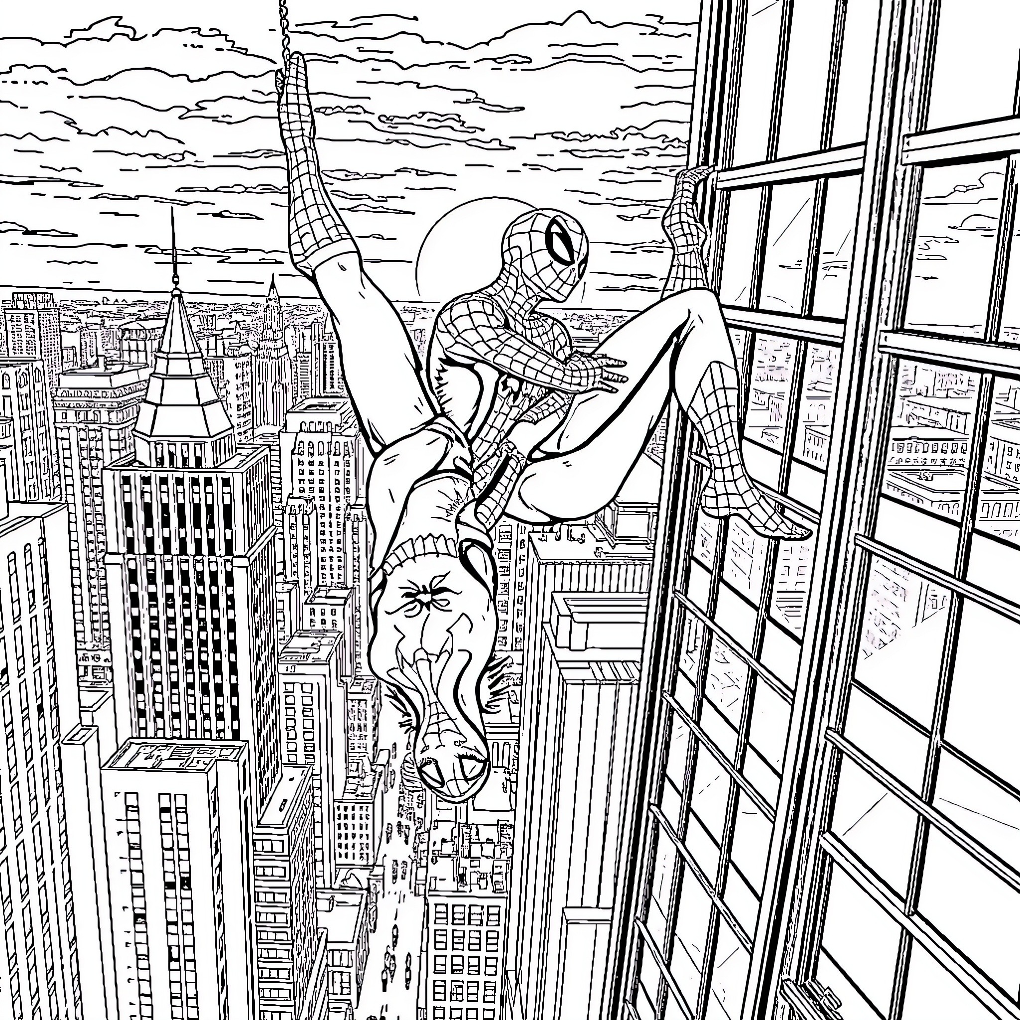 Spiderman Swinging Through the Skyscrapers of the City Coloring Page (free black-and-white line drawing printable PDF for all, from beginners to advanced learners, including children, teens, adults, and seniors)