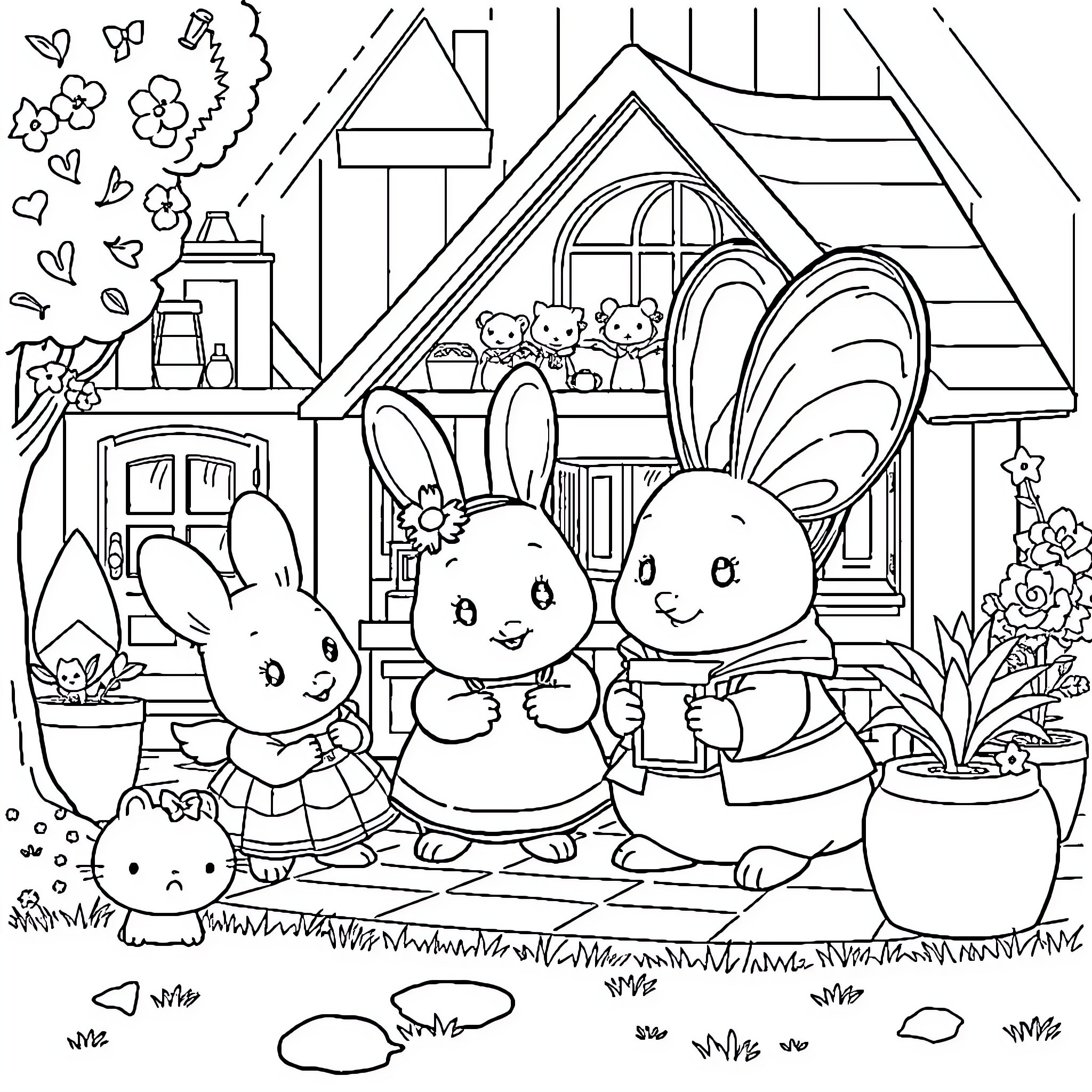 Pat Patrouille: Playful Bunnies in Cozy Cottage Scene Coloring Page (free black-and-white line drawing printable PDF for all, from beginners to advanced learners, including children, teens, adults, and seniors)