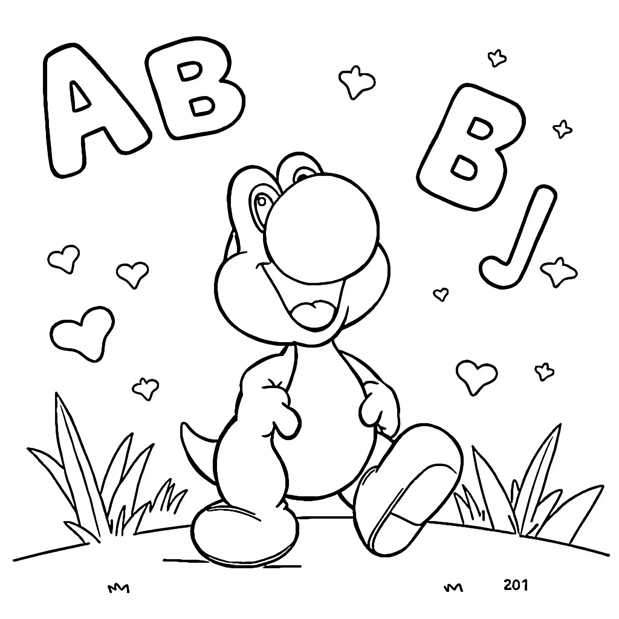 Yoshi playing in the park with alphabet letters Coloring Page (free black-and-white line drawing printable PDF for all, from beginners to advanced learners, including children, teens, adults, and seniors)