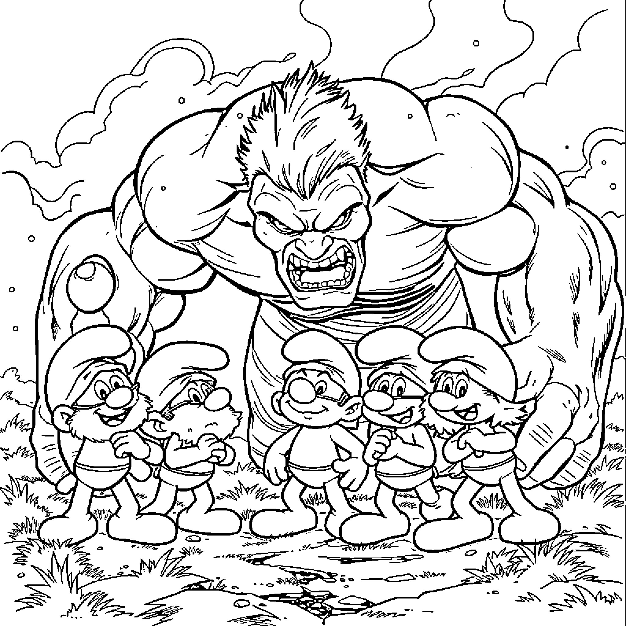 Smurf Family Confronting a Fearsome Creature Coloring Page (free black-and-white line drawing printable PDF for all, from beginners to advanced learners, including children, teens, adults, and seniors)