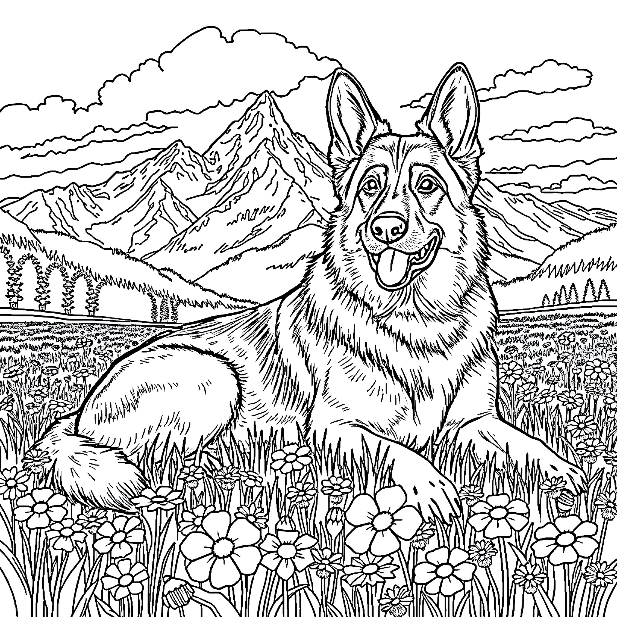 German Shepherd enjoying the mountain landscape Coloring Page (free black-and-white line drawing printable PDF for all, from beginners to advanced learners, including children, teens, adults, and seniors)