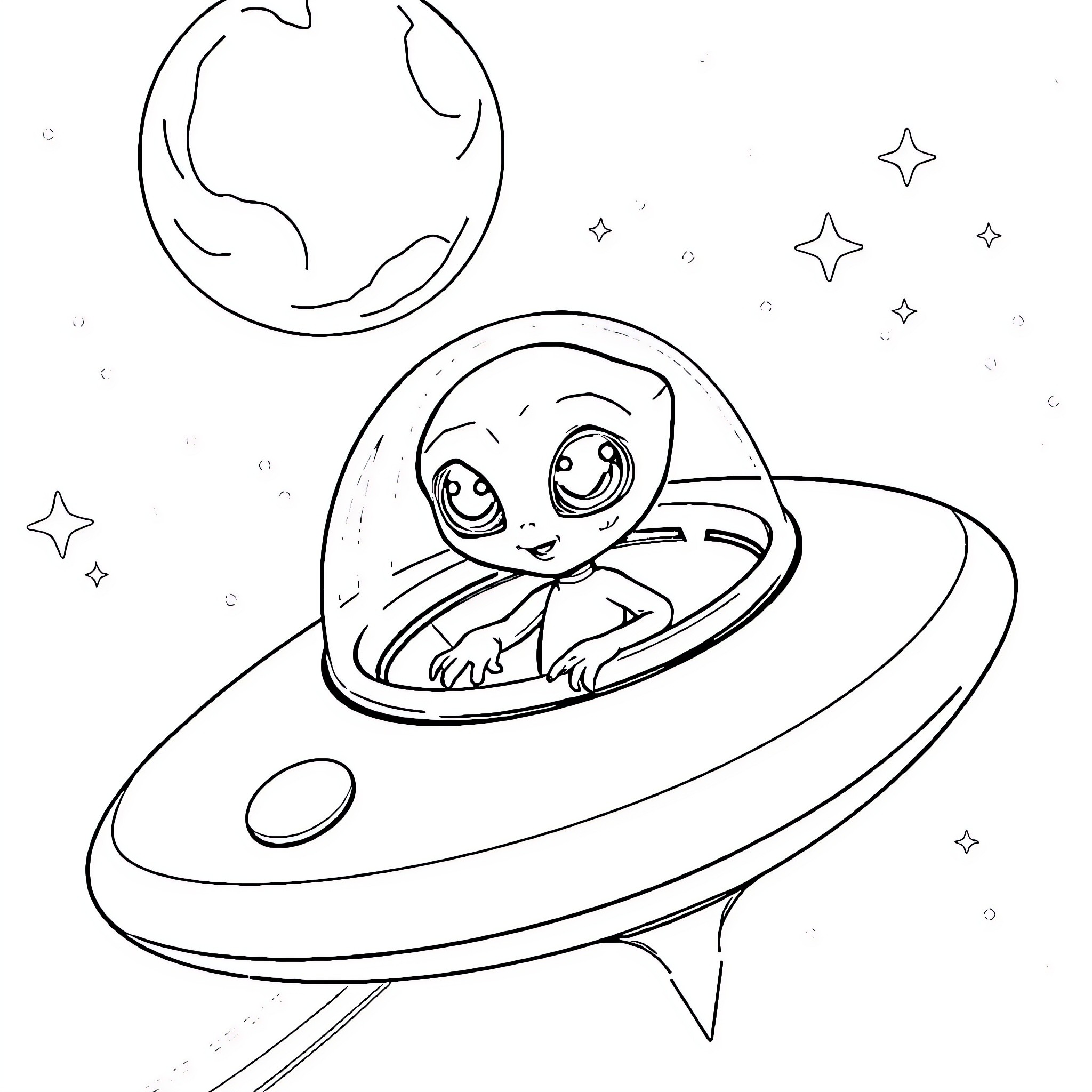 Alien exploring the cosmos in a flying saucer Coloring Page (free black-and-white line drawing printable PDF for all, from beginners to advanced learners, including children, teens, adults, and seniors)