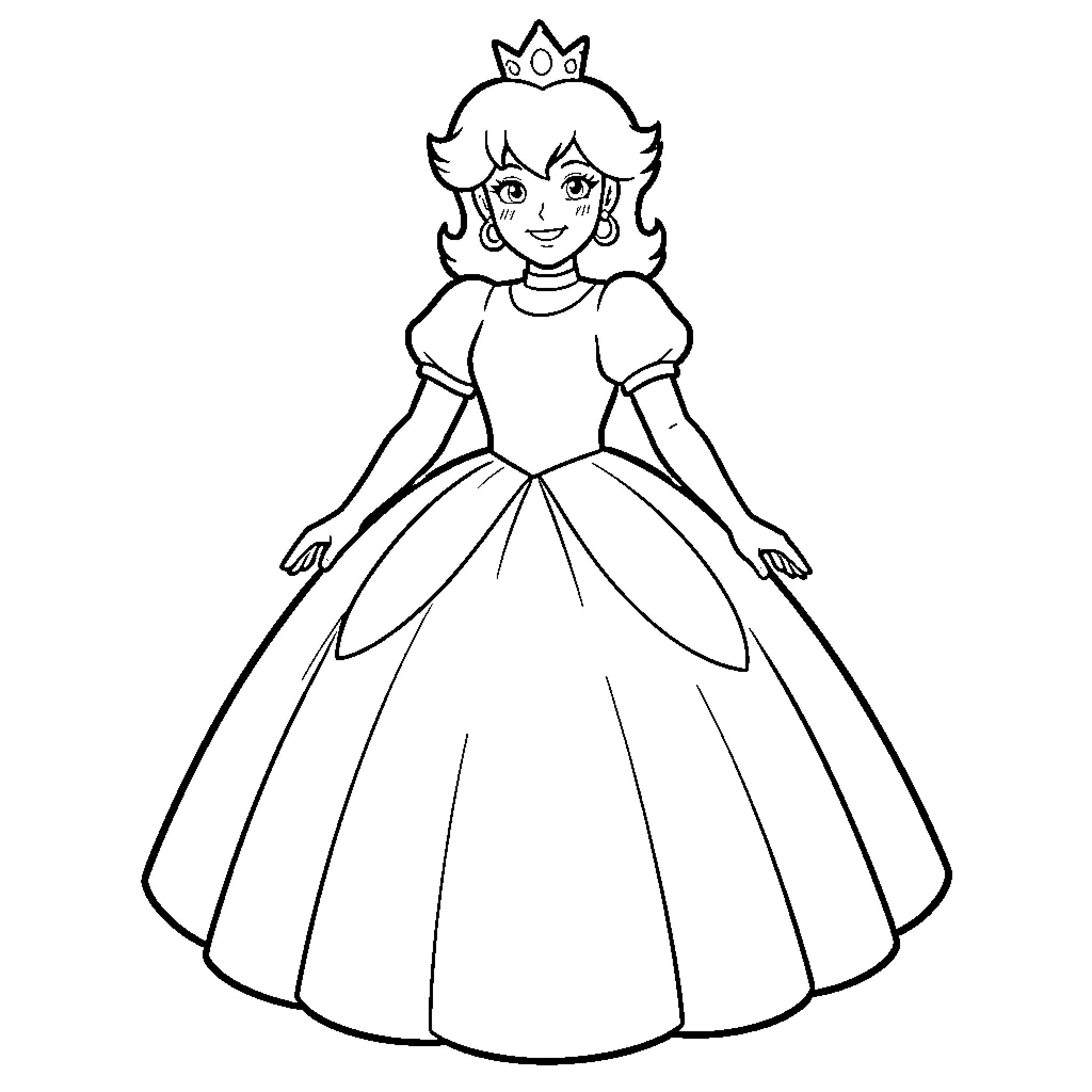 Princess in elegant ball gown with crown Coloring Page (free black-and-white line drawing printable PDF for all, from beginners to advanced learners, including children, teens, adults, and seniors)