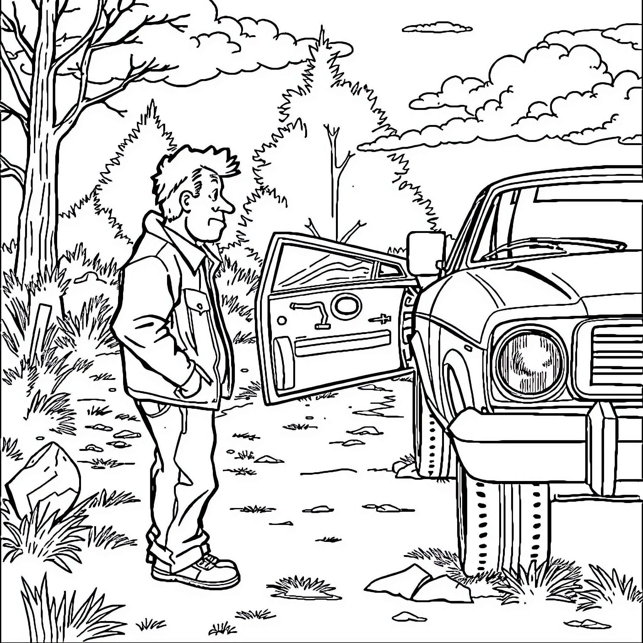 Ford man checks automobile in the forest Coloring Page (free black-and-white line drawing printable PDF for all, from beginners to advanced learners, including children, teens, adults, and seniors)