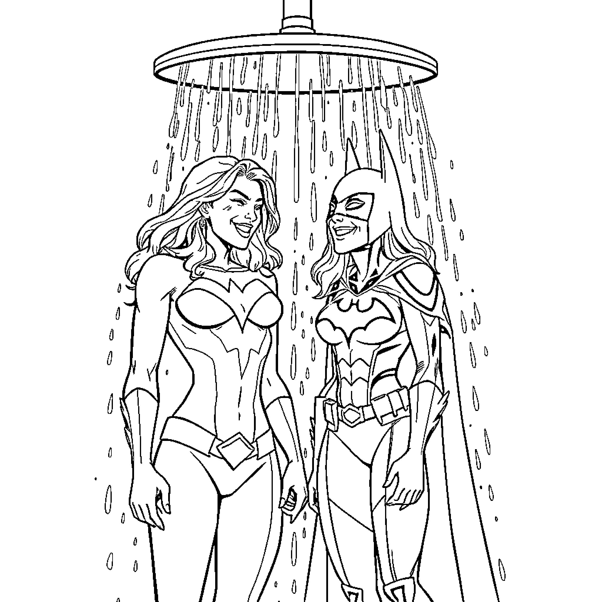 Superwoman and Batman Enjoying a Shower Together Coloring Page (free black-and-white line drawing printable PDF for all, from beginners to advanced learners, including children, teens, adults, and seniors)