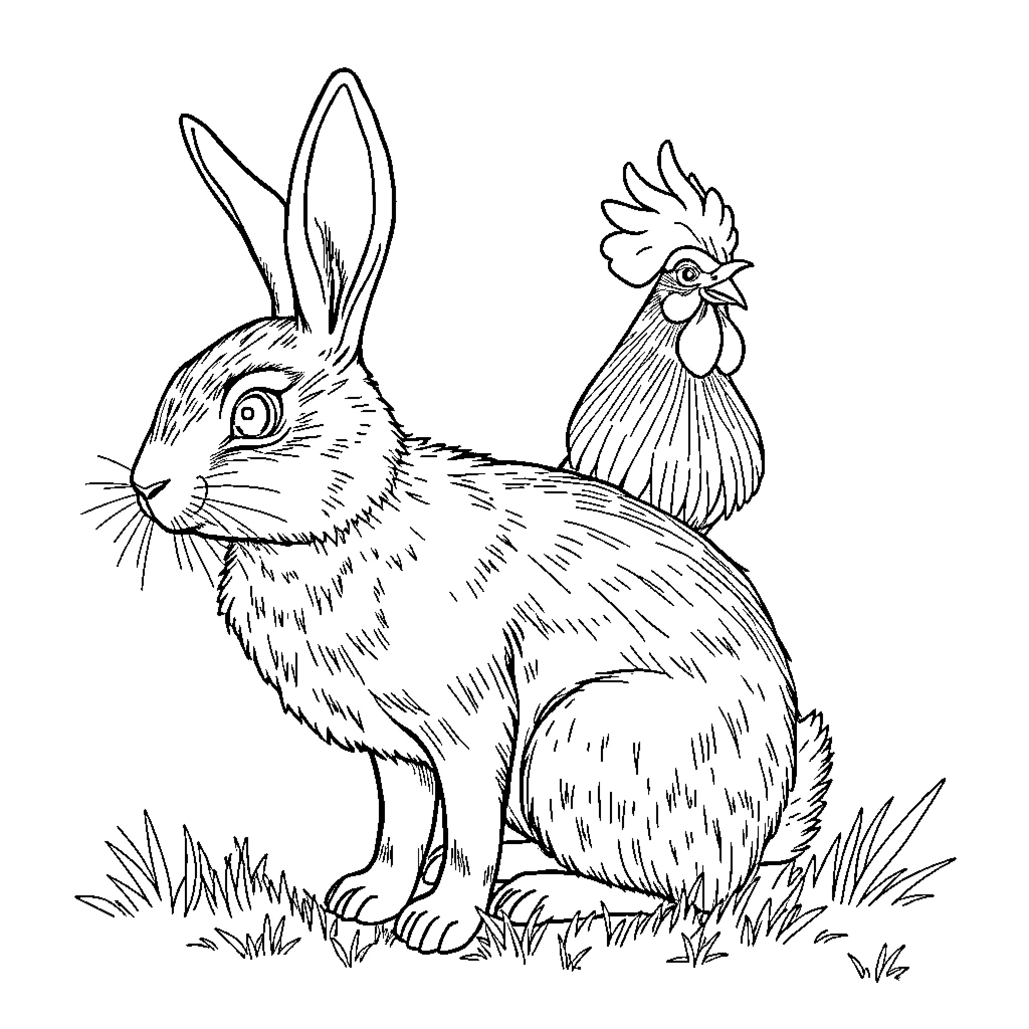 Rabbit and rooster in a grassy scene Coloring Page (free black-and-white line drawing printable PDF for all, from beginners to advanced learners, including children, teens, adults, and seniors)
