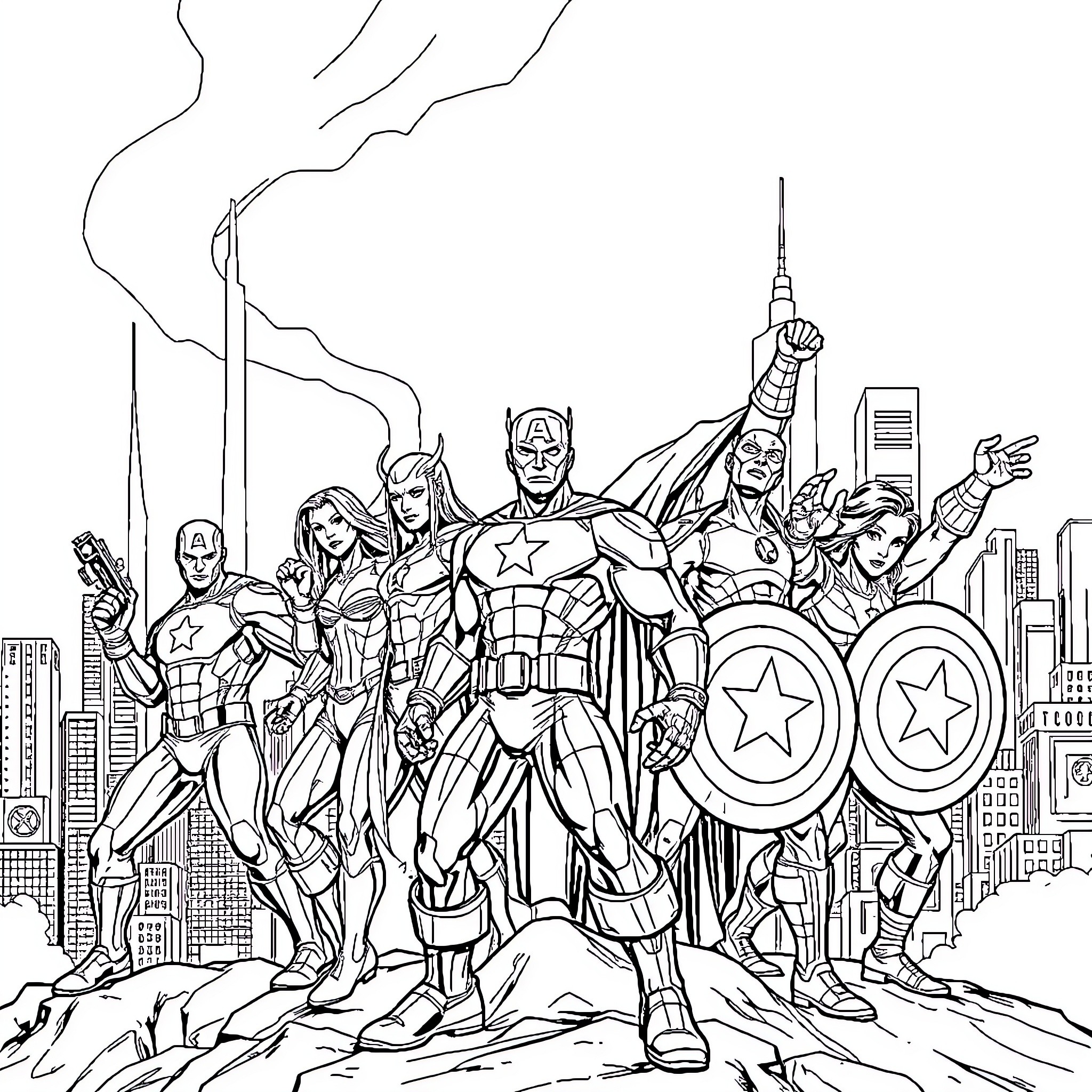 Avenger heroes in action stance over cityscape Coloring Page (free black-and-white line drawing printable PDF for all, from beginners to advanced learners, including children, teens, adults, and seniors)