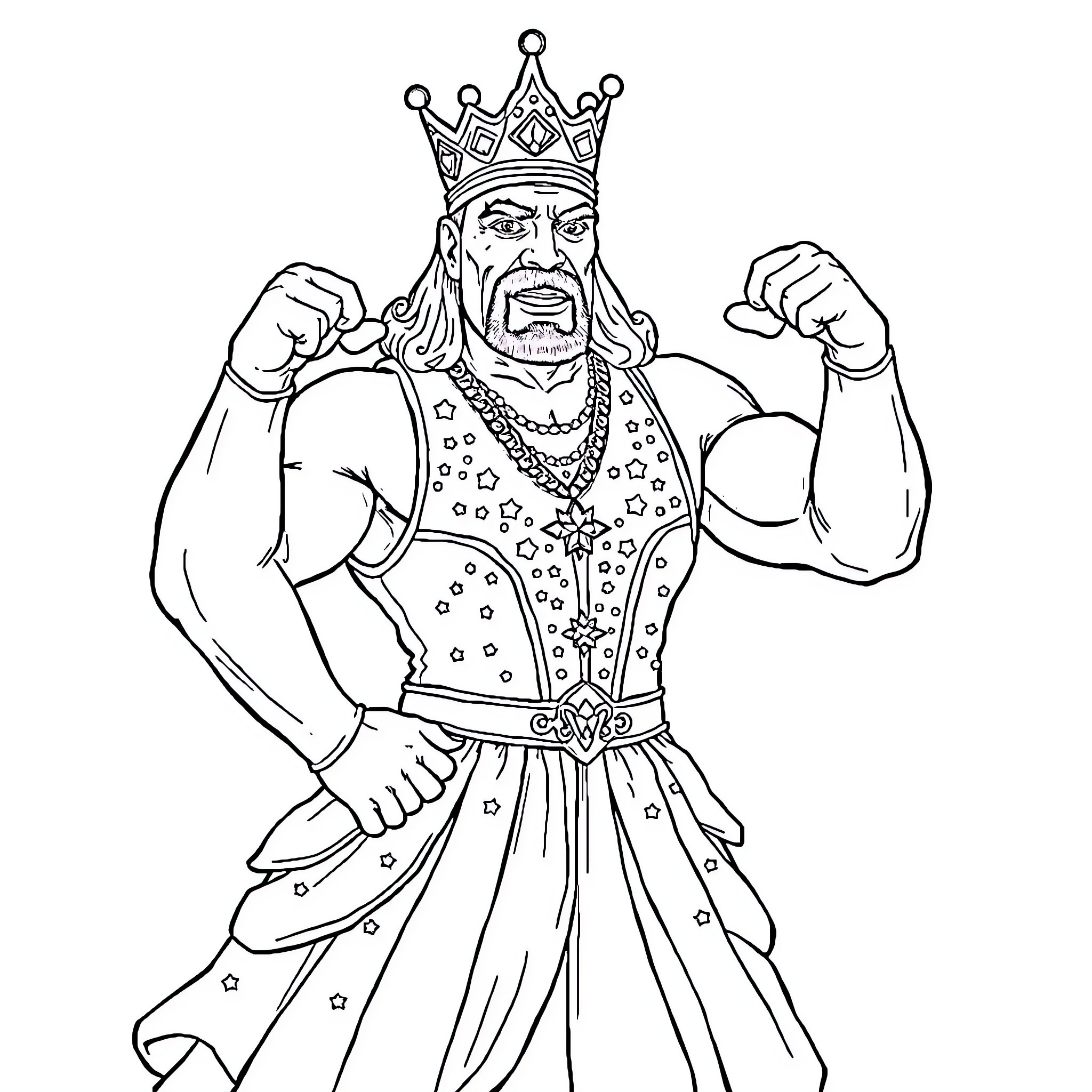 Hulk Hogan as a powerful and victorious king Coloring Page (free black-and-white line drawing printable PDF for all, from beginners to advanced learners, including children, teens, adults, and seniors)