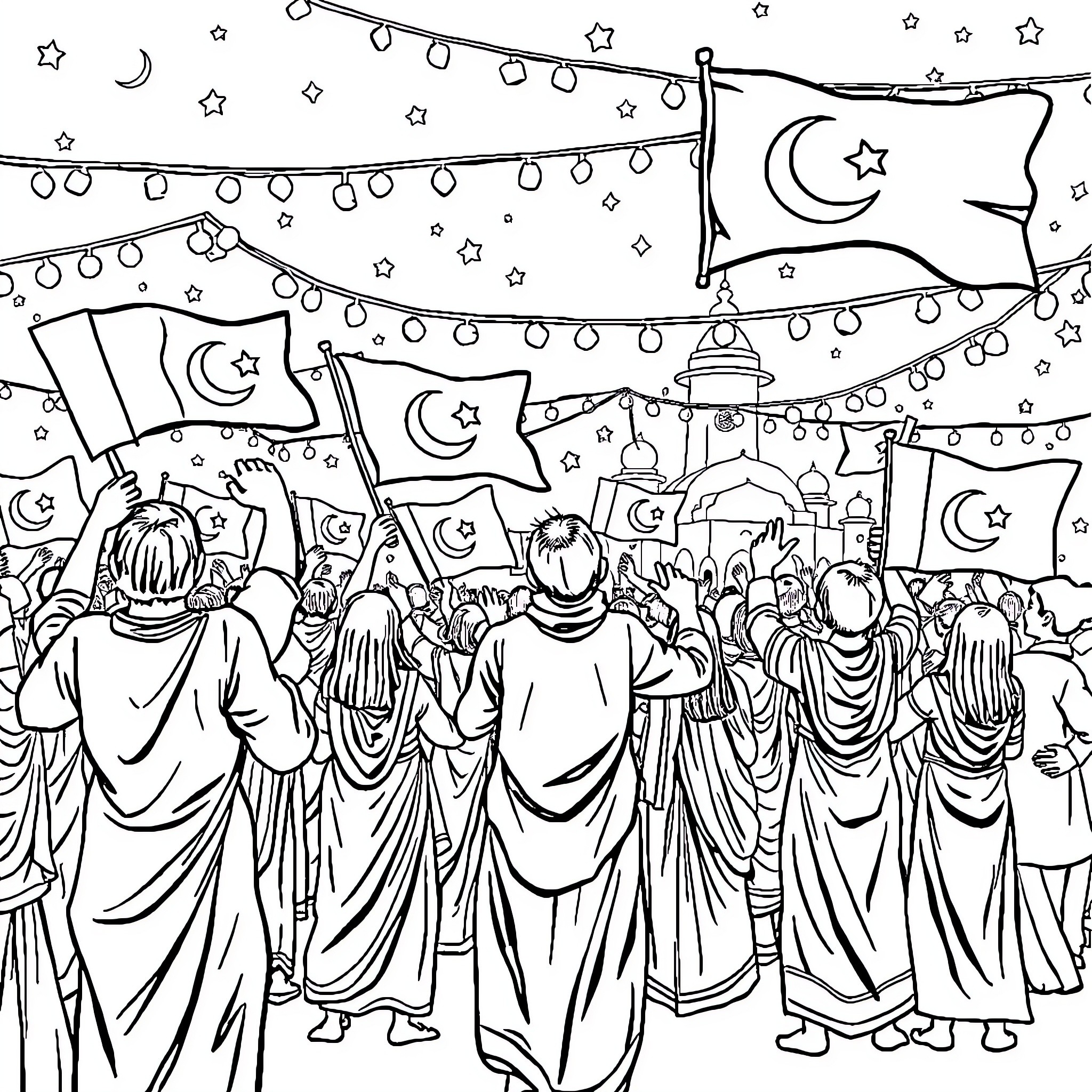 Pakistan Independence Day Celebration with Flags and Festivities Coloring Page (free black-and-white line drawing printable PDF for all, from beginners to advanced learners, including children, teens, adults, and seniors)